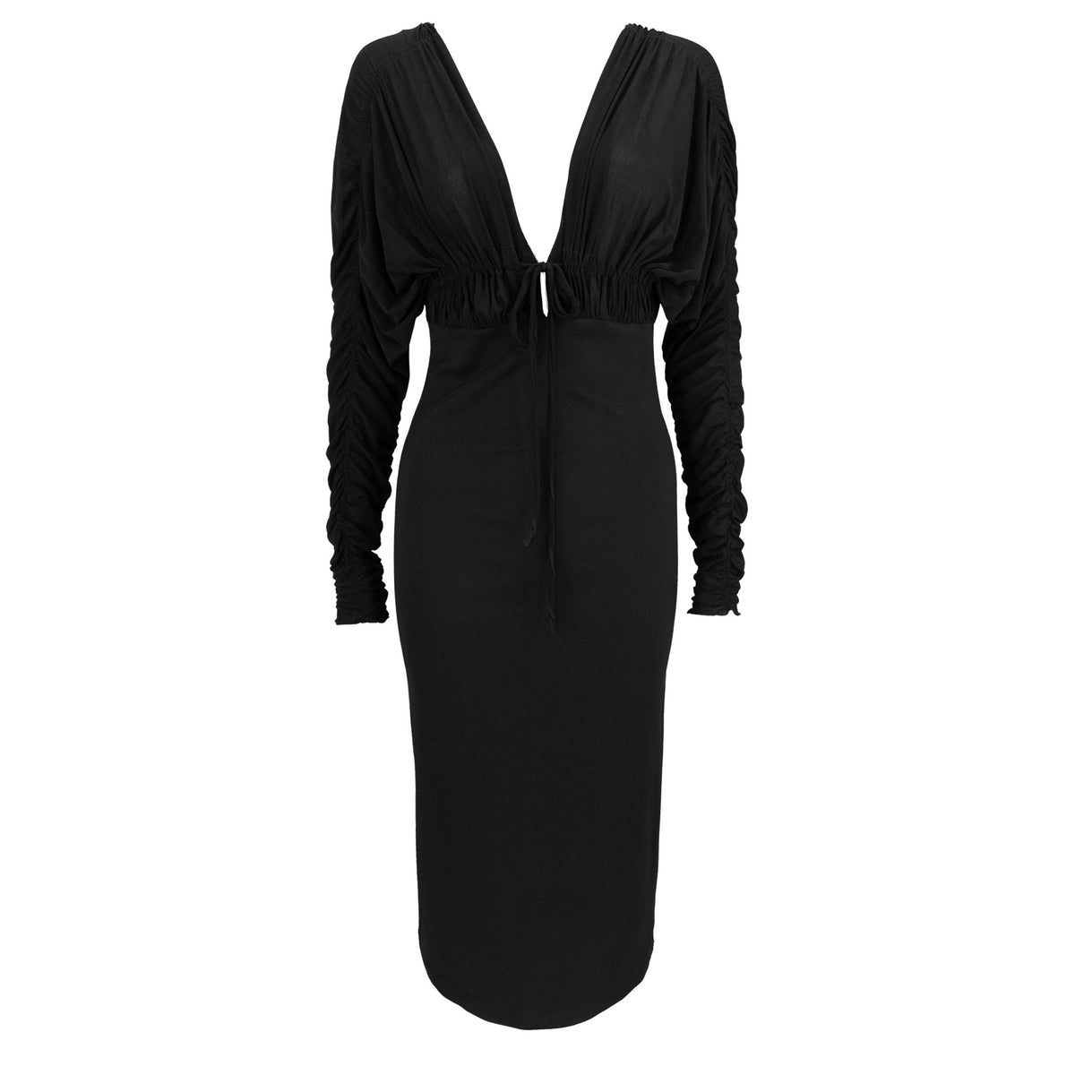 F/W 2003 Gianfranco Ferré Runway Plunging Black Bodycon Long Sleeve Cocktail Dress - RealList