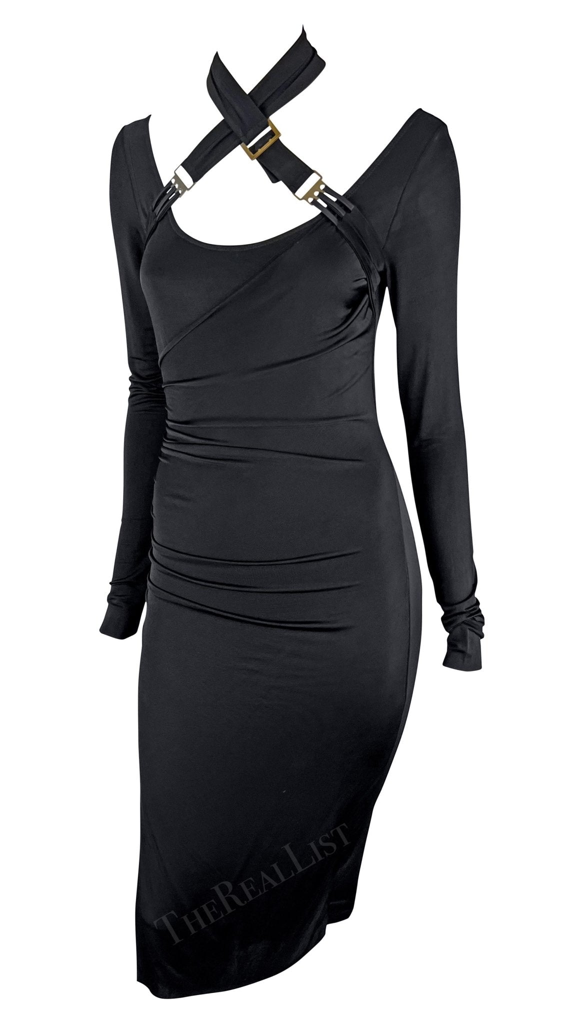 F/W 2003 Gucci by Tom Ford Black Bondage Strap Convertible Stretch Bodycon Dress - RealList