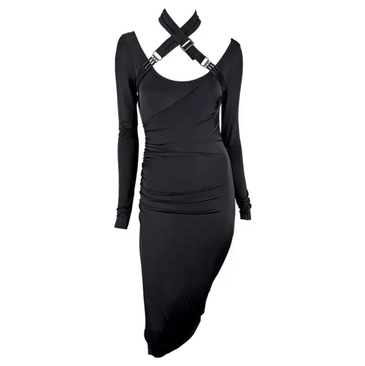 F/W 2003 Gucci by Tom Ford Black Bondage Strap Convertible Stretch Bodycon Dress - RealList