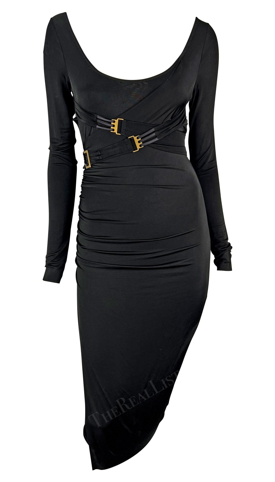 F/W 2003 Gucci by Tom Ford Black Bondage Strap Convertible Stretch Bodycon Dress - RealList