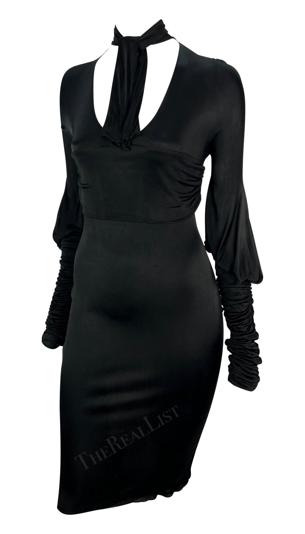 F/W 2003 Gucci by Tom Ford Black Slinky Ruched Long Sleeve Bodycon Dress - RealList