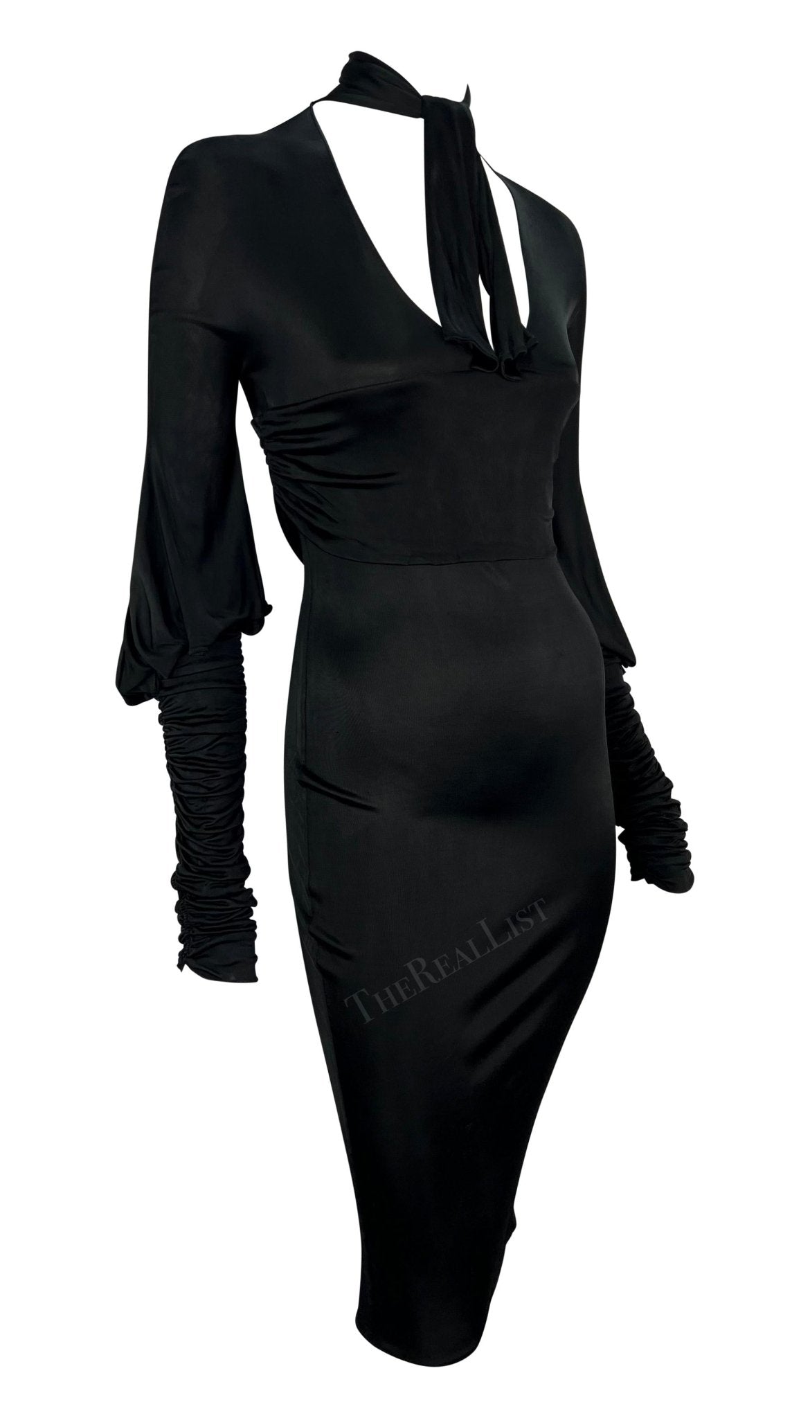F/W 2003 Gucci by Tom Ford Black Slinky Ruched Long Sleeve Bodycon Dress - RealList
