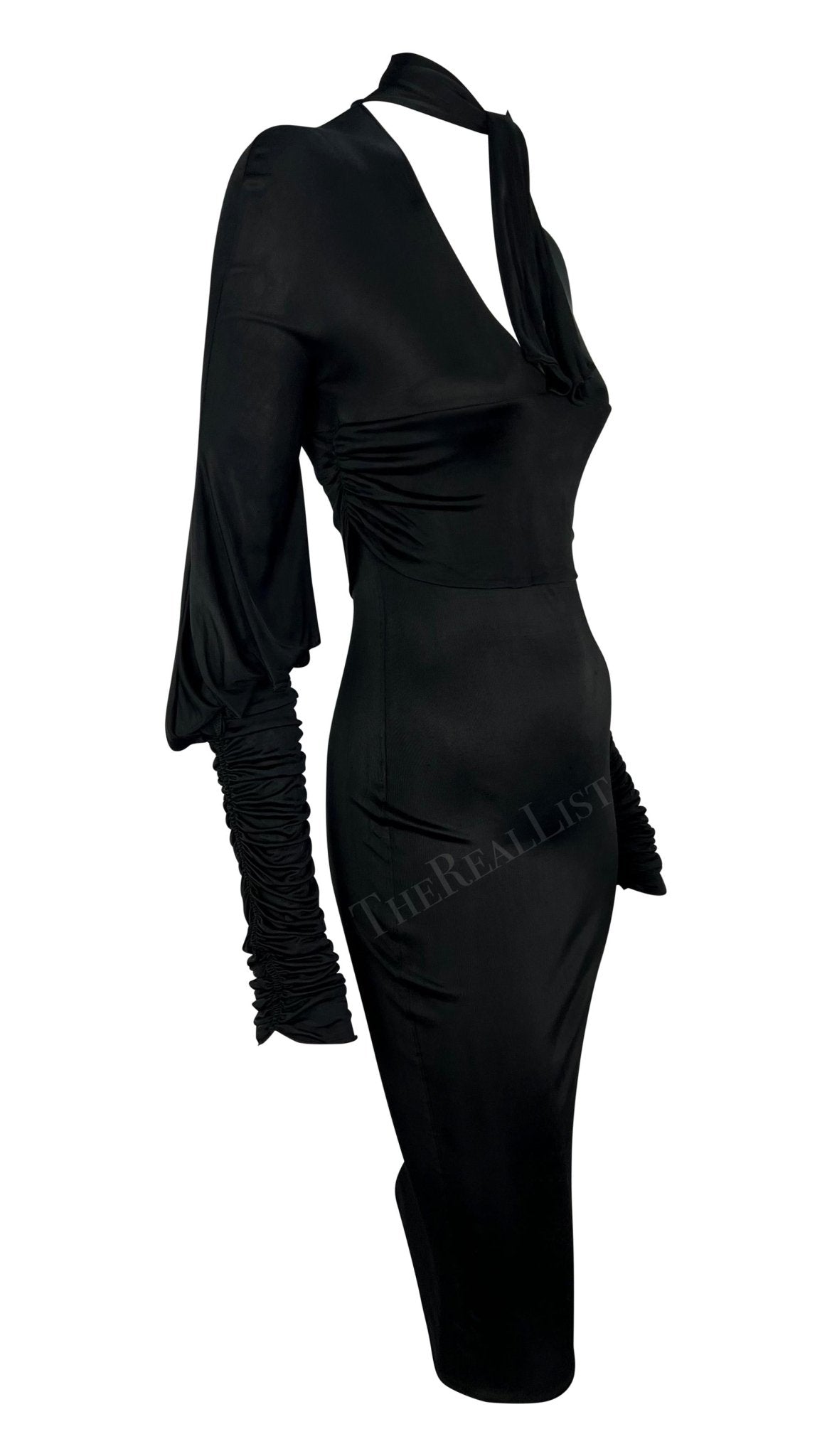 F/W 2003 Gucci by Tom Ford Black Slinky Ruched Long Sleeve Bodycon Dress - RealList
