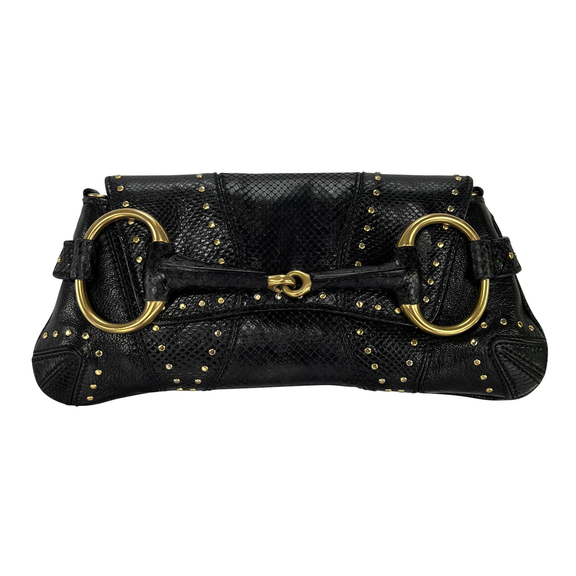 F/W 2003 Gucci by Tom Ford Black Snakeskin Studded Small Horsebit Clutch - RealList