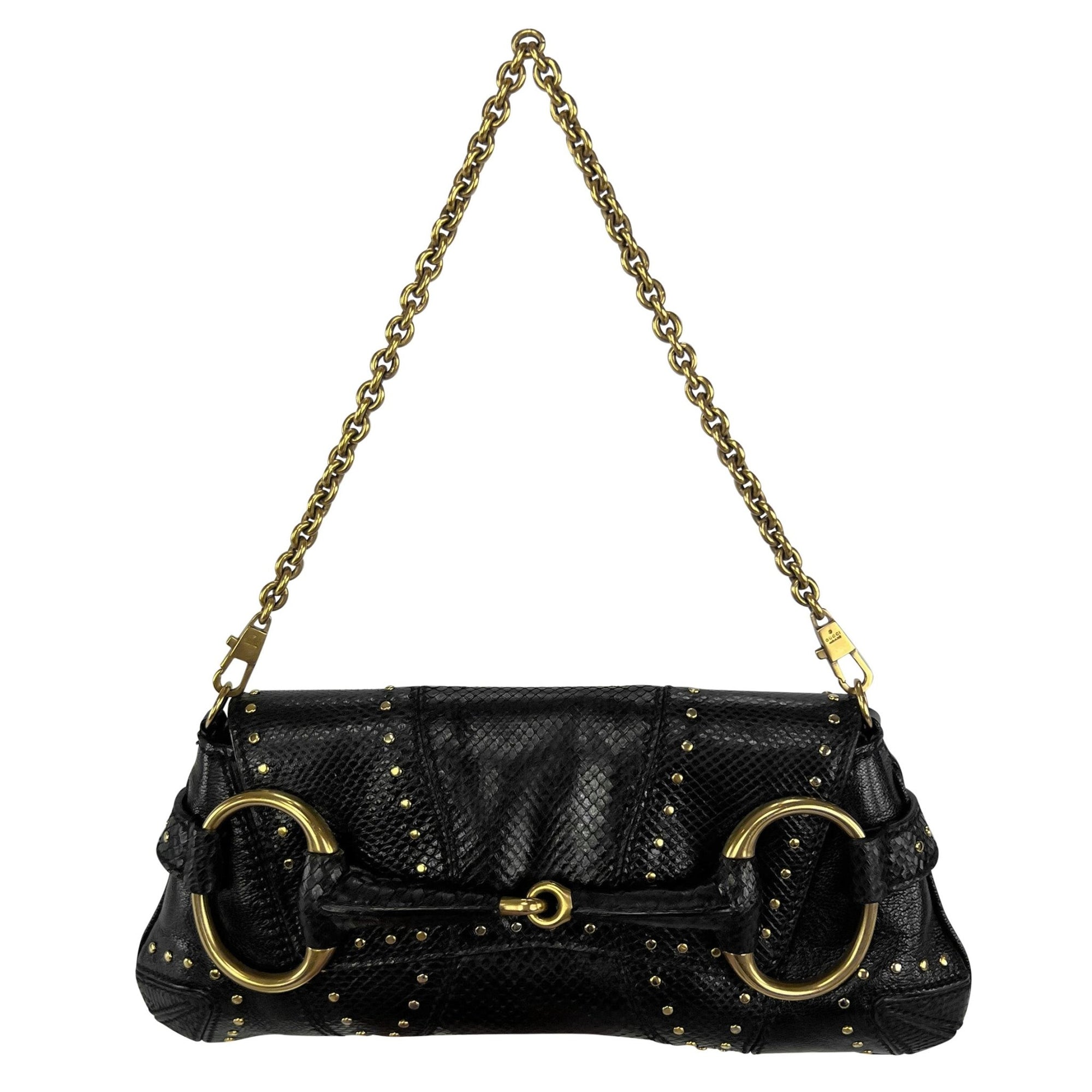 F/W 2003 Gucci by Tom Ford Black Snakeskin Studded Small Horsebit Clutch - RealList