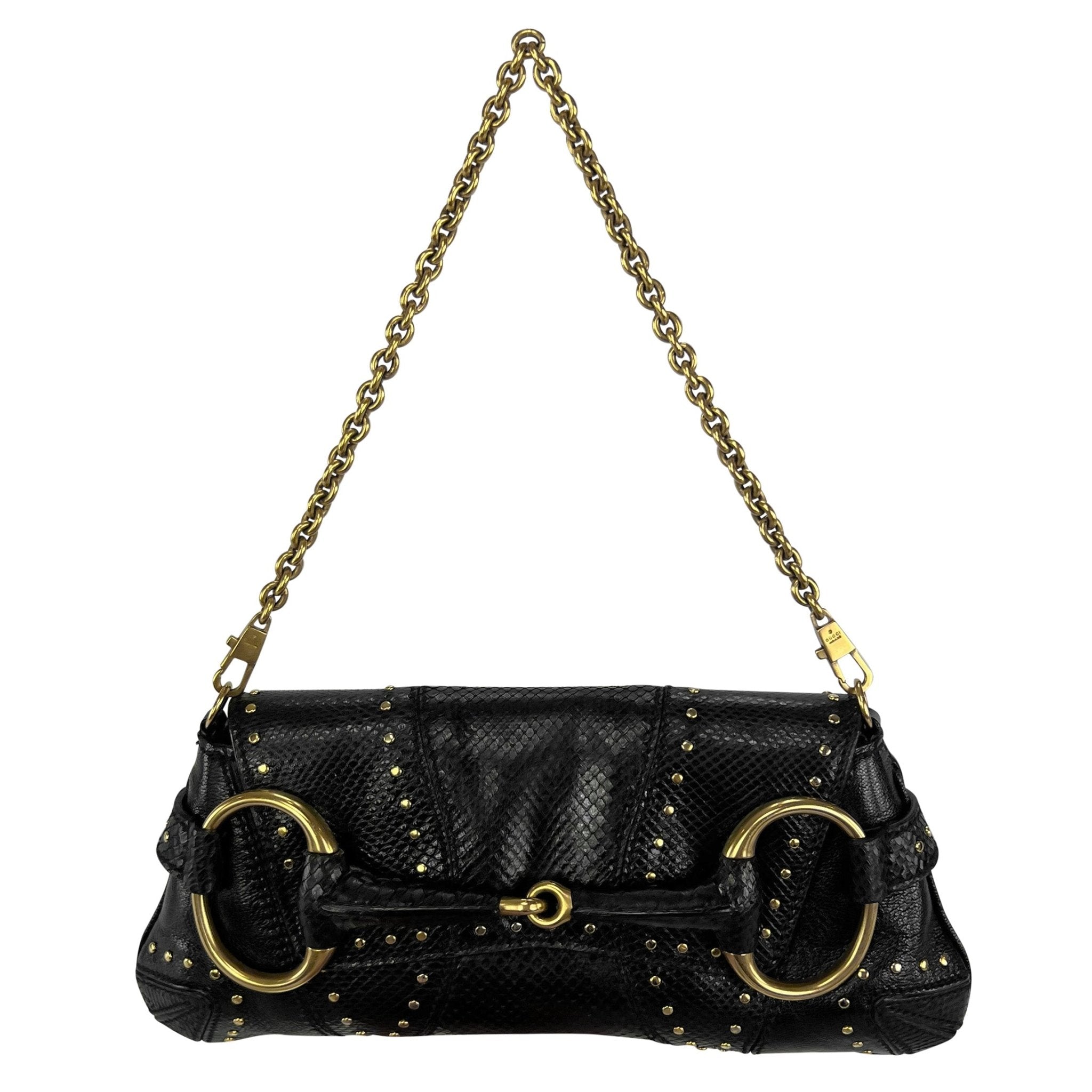 F/W 2003 Gucci by Tom Ford Black Snakeskin Studded Small Horsebit Clutch - RealList