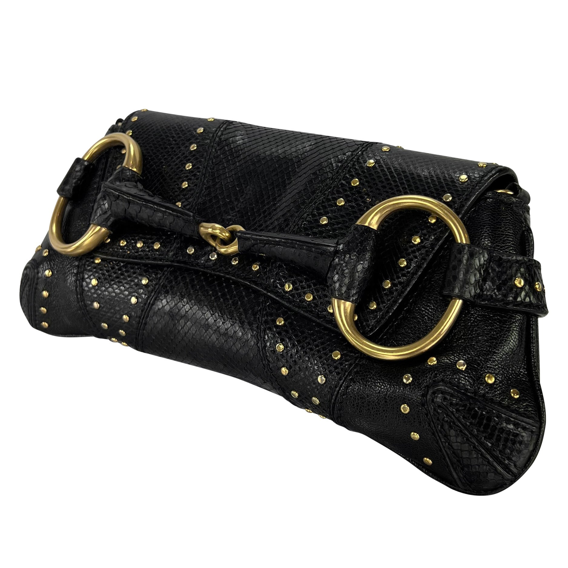 F/W 2003 Gucci by Tom Ford Black Snakeskin Studded Small Horsebit Clutch - RealList