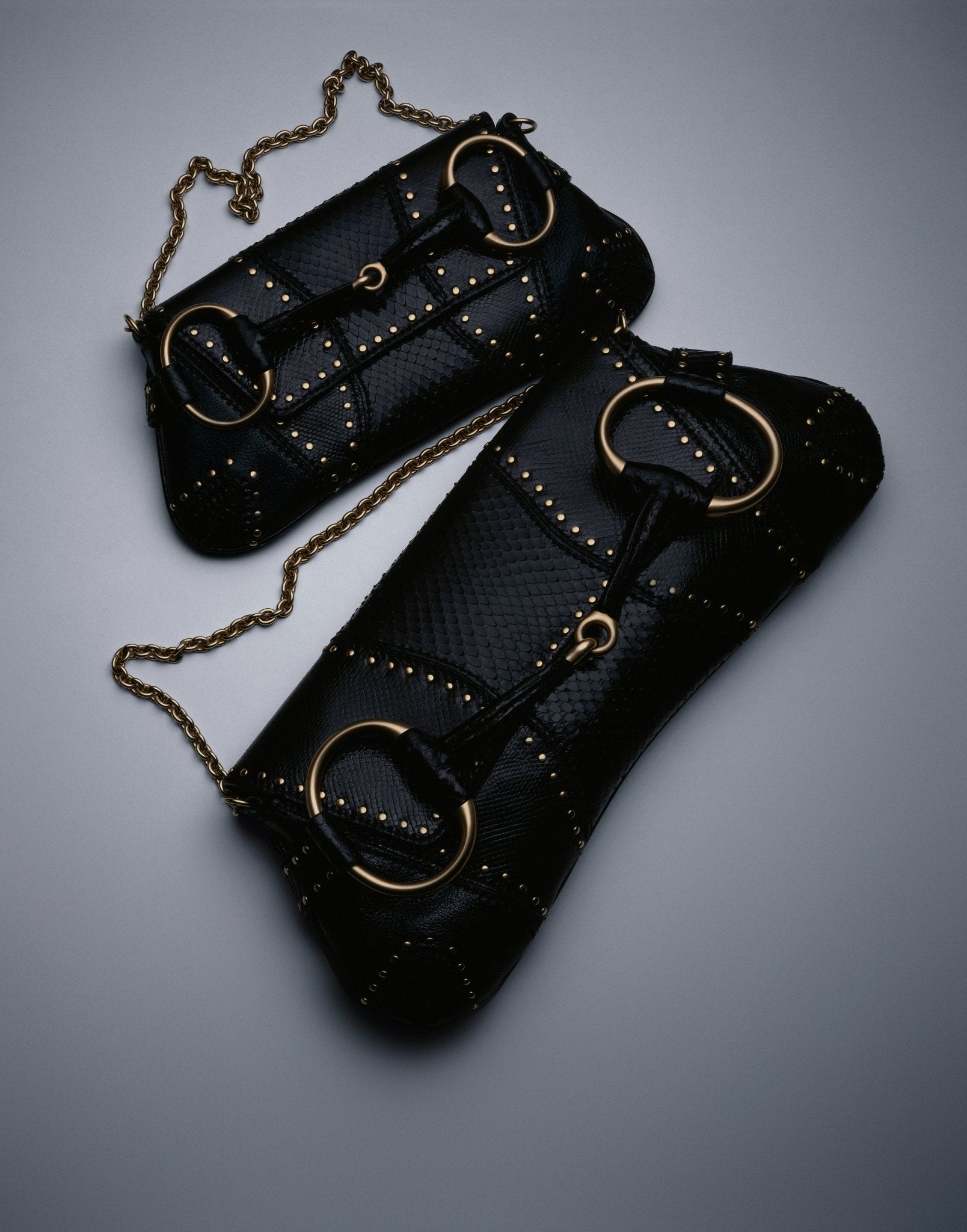 F/W 2003 Gucci by Tom Ford Black Snakeskin Studded Small Horsebit Clutch - RealList