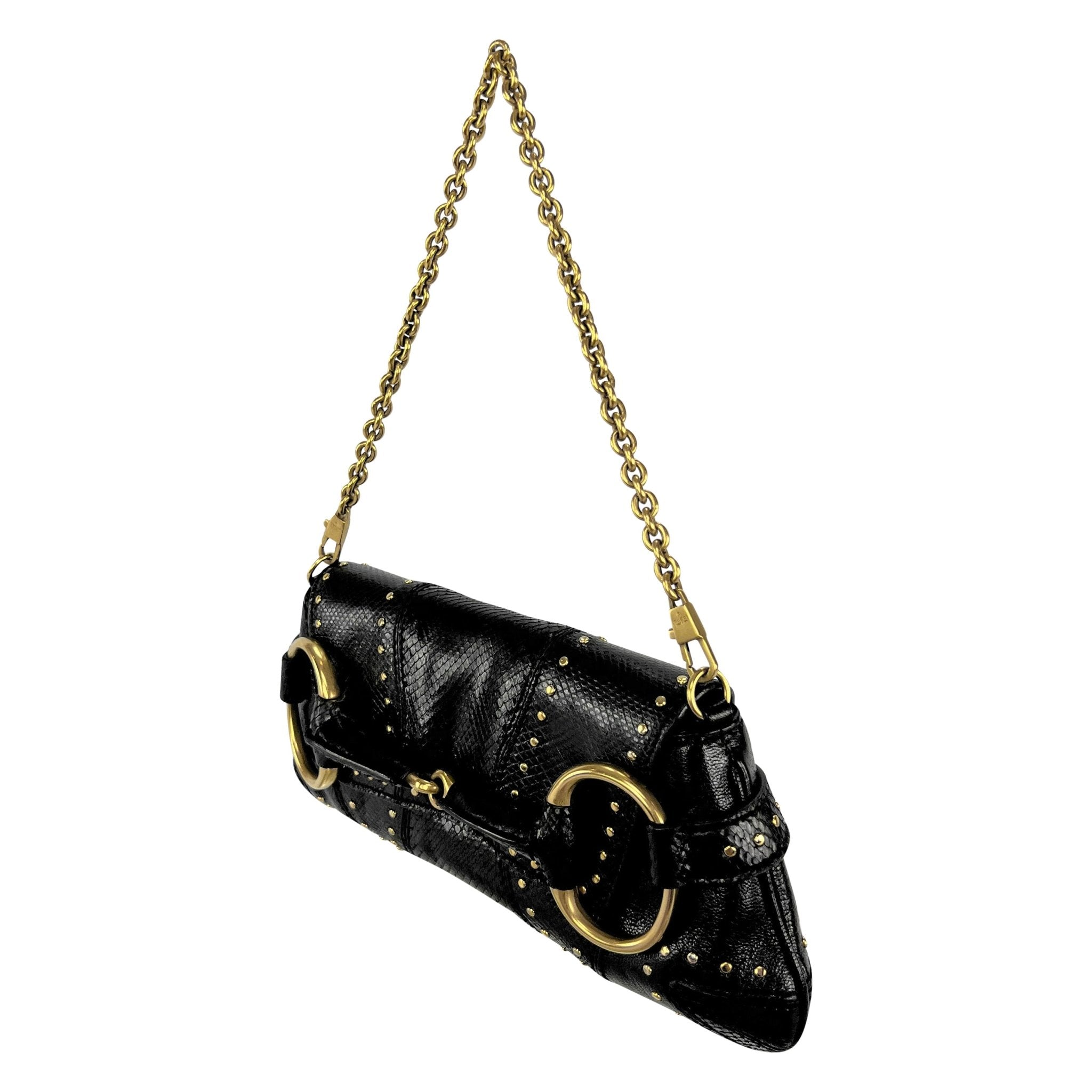 F/W 2003 Gucci by Tom Ford Black Snakeskin Studded Small Horsebit Clutch - RealList