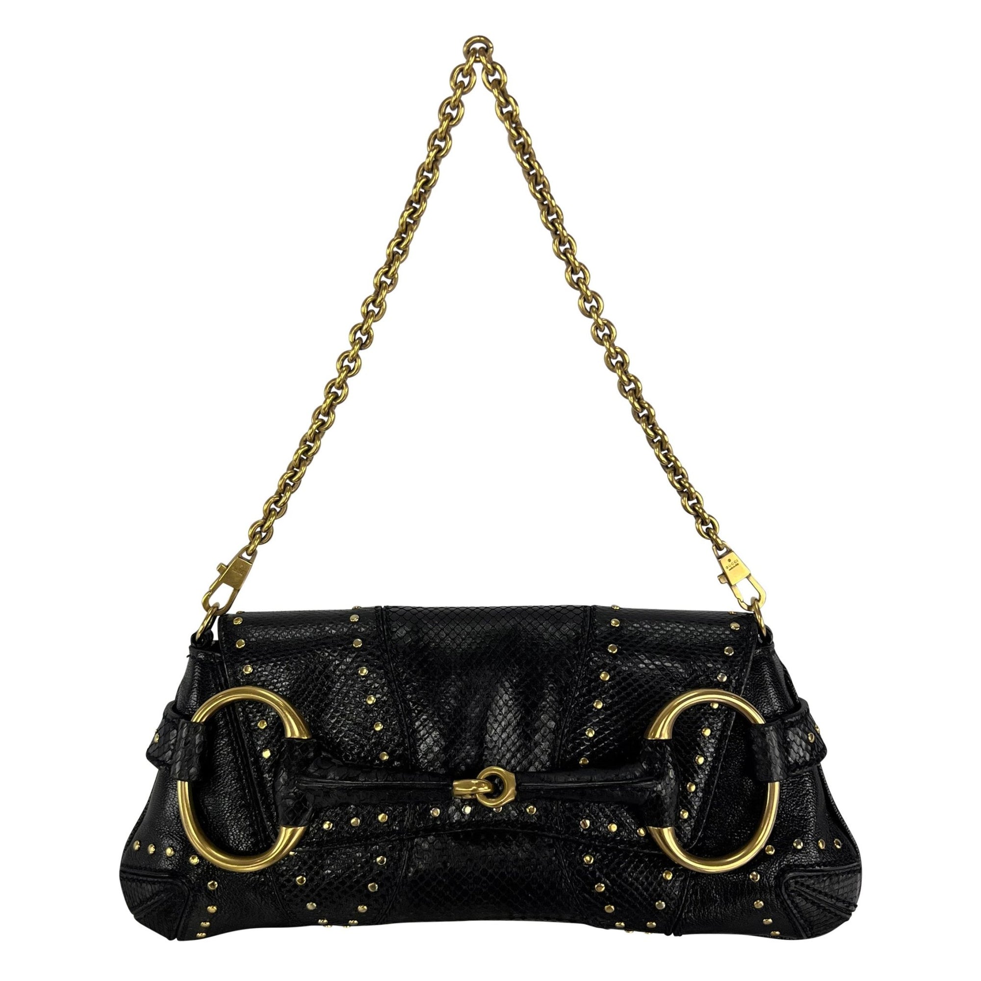 F/W 2003 Gucci by Tom Ford Black Snakeskin Studded Small Horsebit Clutch - RealList