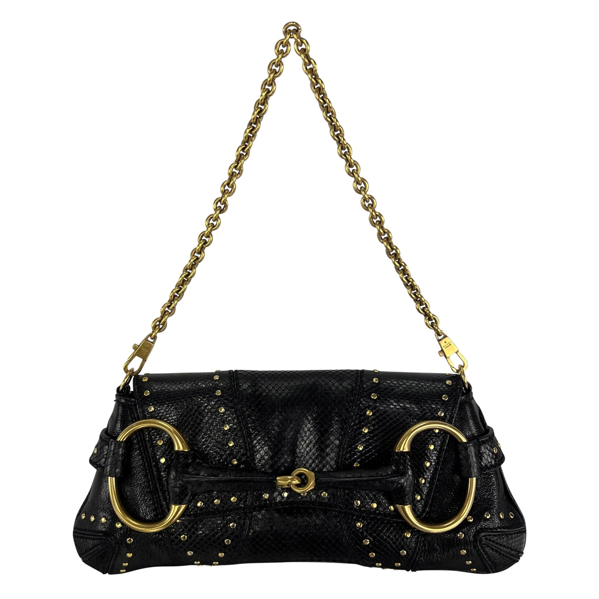 F/W 2003 Gucci by Tom Ford Black Snakeskin Studded Small Horsebit Clutch - RealList