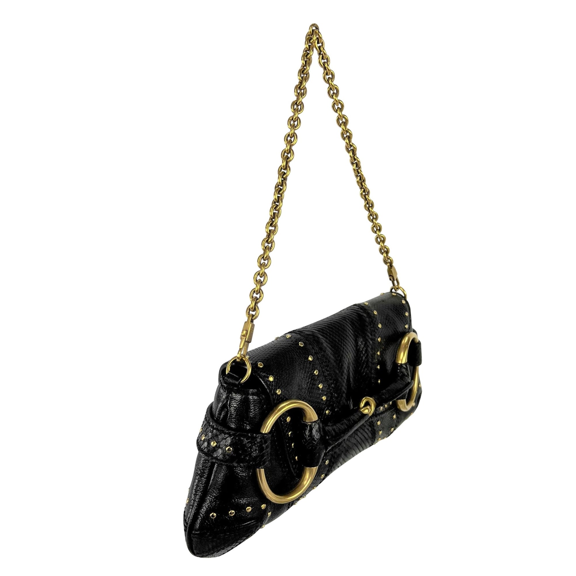 F/W 2003 Gucci by Tom Ford Black Snakeskin Studded Small Horsebit Clutch - RealList