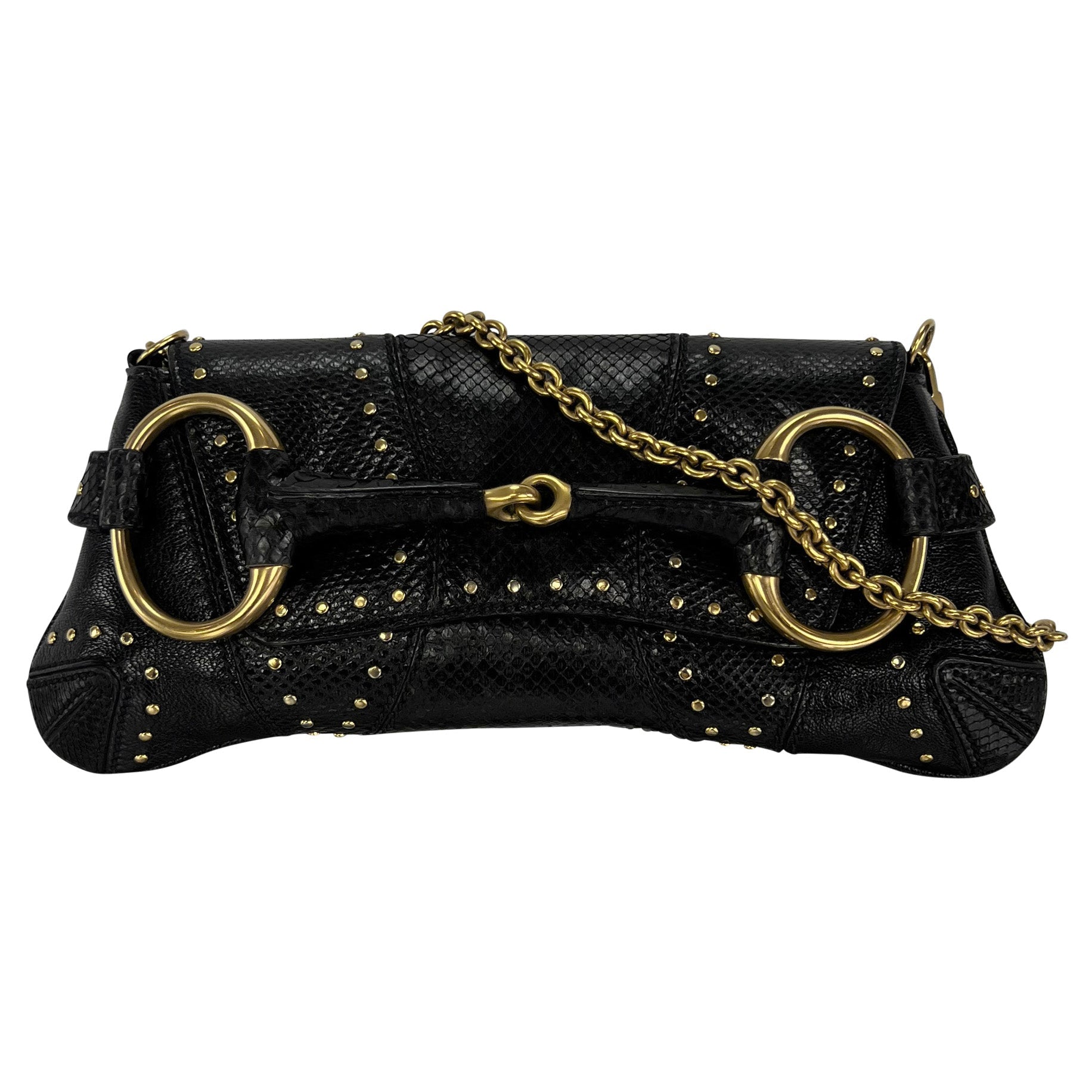 F/W 2003 Gucci by Tom Ford Black Snakeskin Studded Small Horsebit Clutch - RealList
