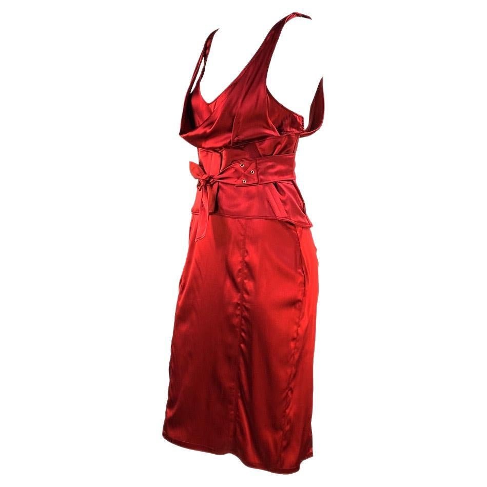 F/W 2003 Gucci by Tom Ford Red Silk Satin Corset Belted Runway Dress - RealList