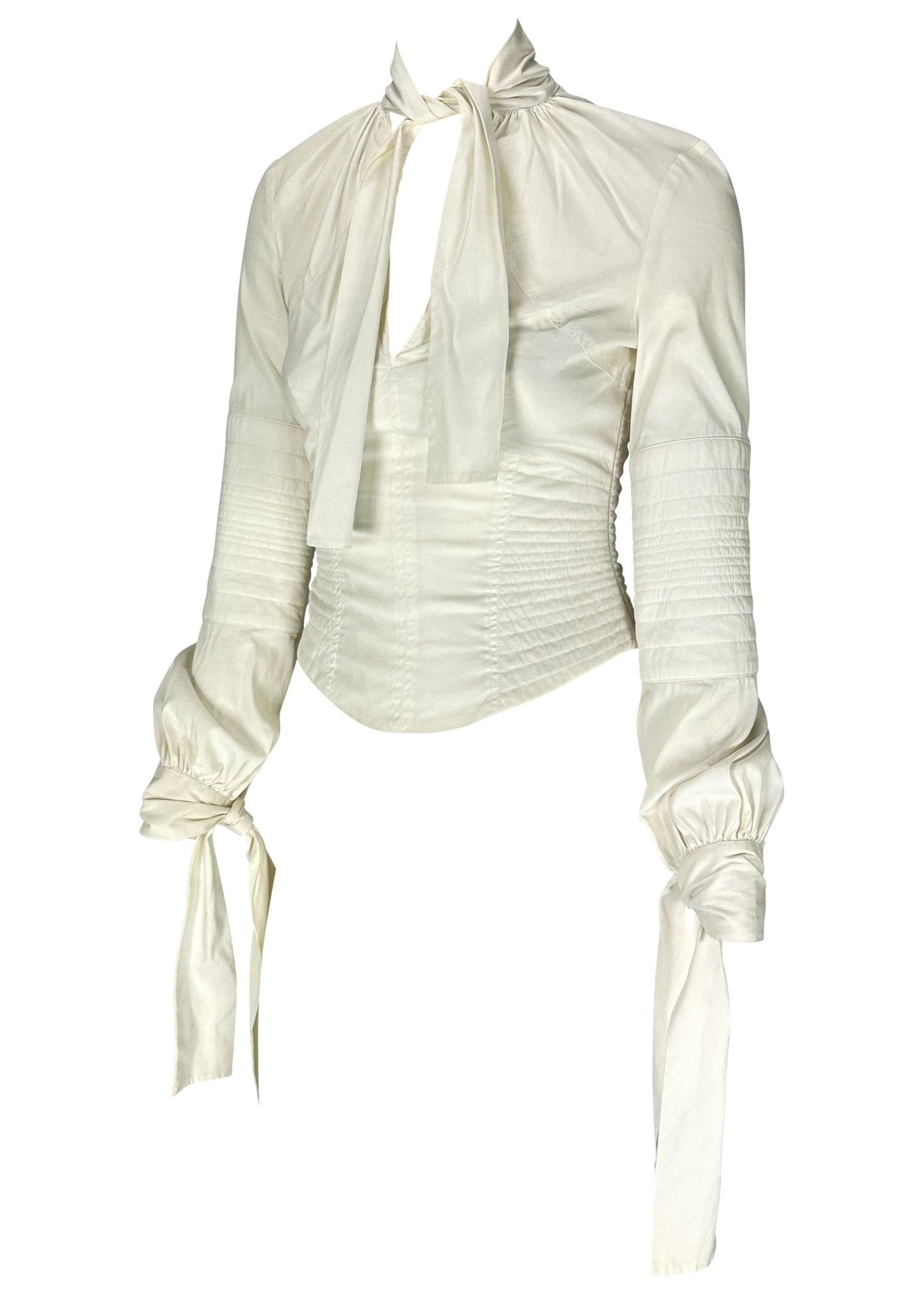 F/W 2003 Gucci by Tom Ford Ruched White Stretch Cotton Quilted Tie Blouse - RealList