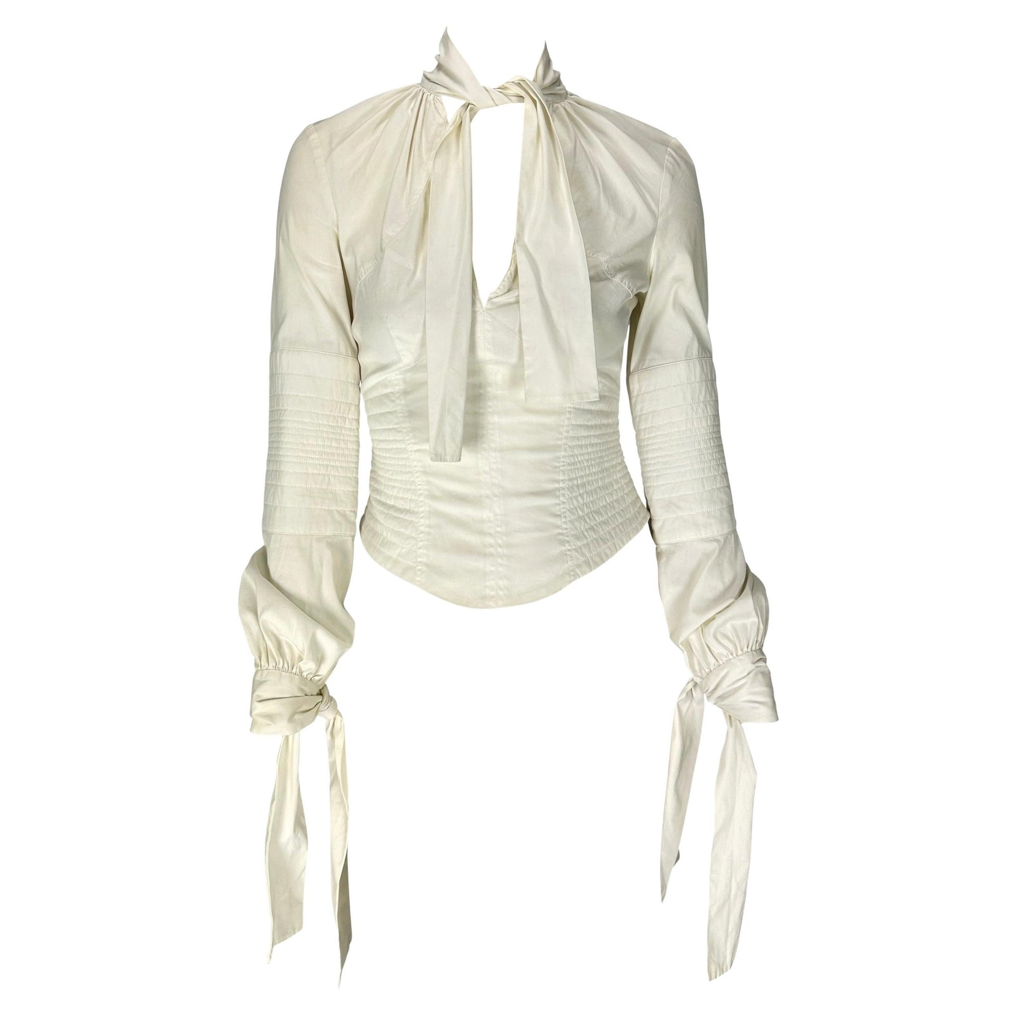 F/W 2003 Gucci by Tom Ford Ruched White Stretch Cotton Quilted Tie Blouse - RealList
