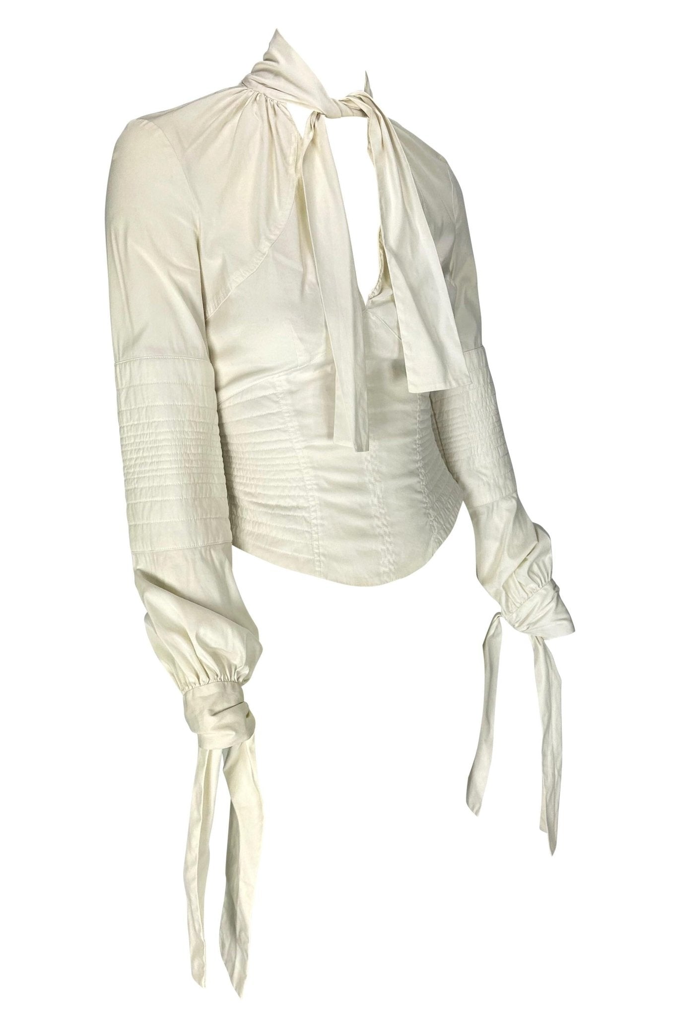 F/W 2003 Gucci by Tom Ford Ruched White Stretch Cotton Quilted Tie Blouse - RealList