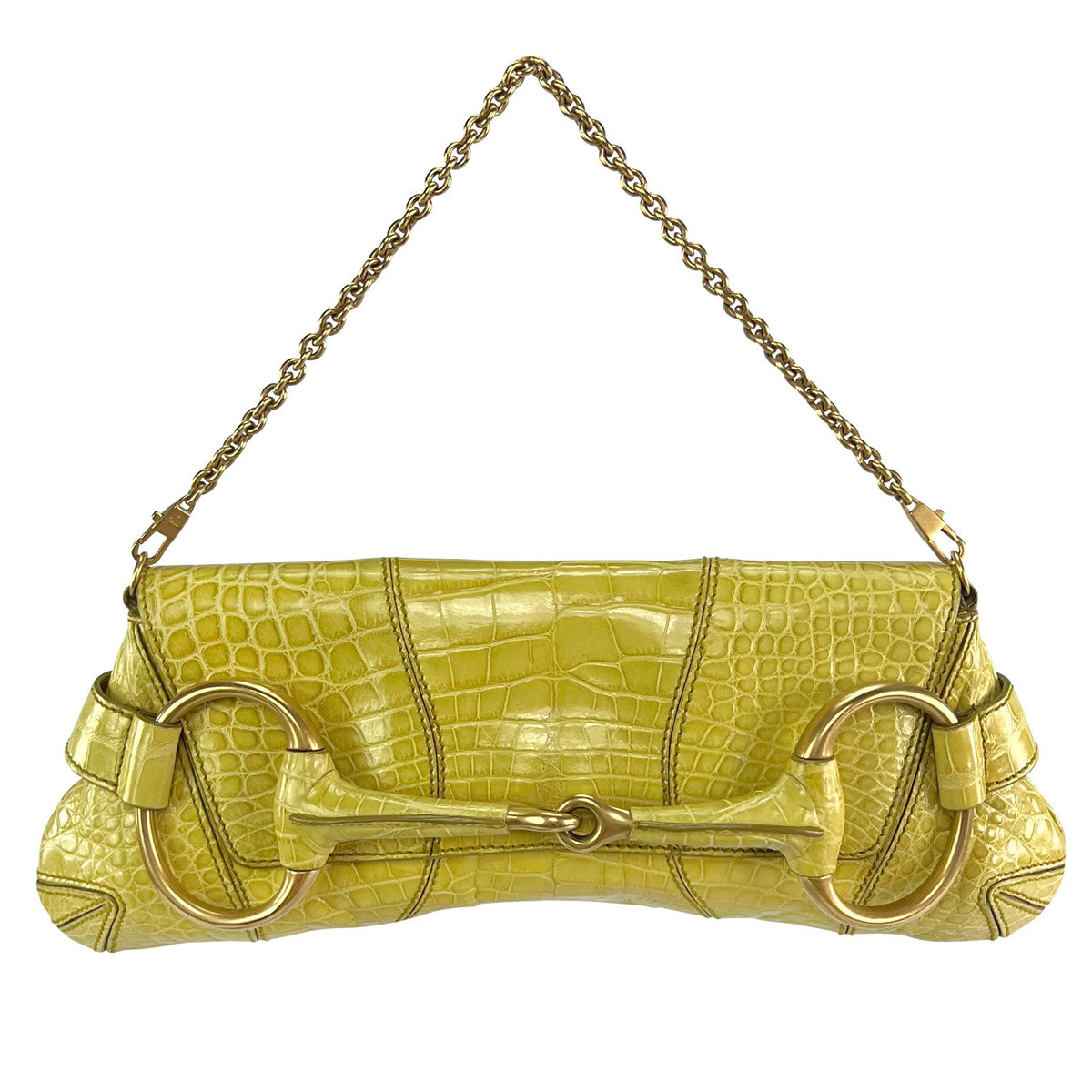 F/W 2003 Gucci by Tom Ford Runway Genuine Crocodile Yellow XL Horsebit Clutch - RealList