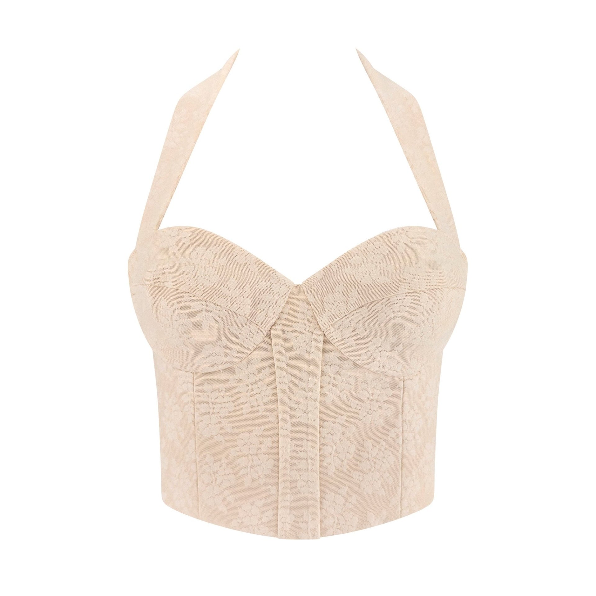 F/W 2003 John Galliano Beige Floral Silk Bustier Halter Crop Top - RealList