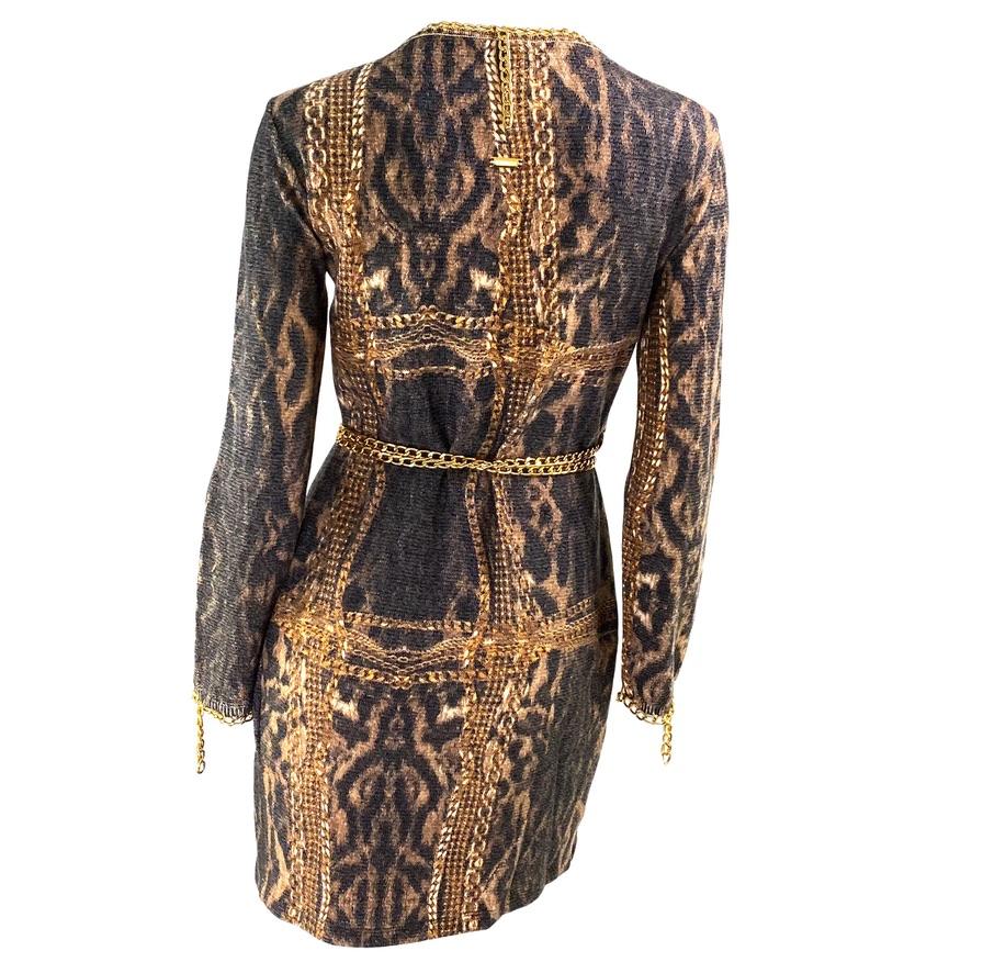 F/W 2003 Roberto Cavalli Gold Chain Lock Belt Animal Print Knit Wrap Dress - RealList