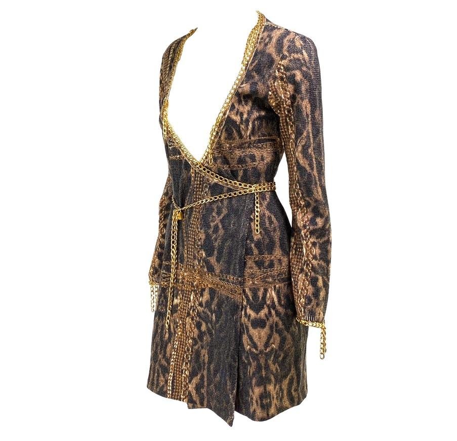F/W 2003 Roberto Cavalli Gold Chain Lock Belt Animal Print Knit Wrap Dress - RealList