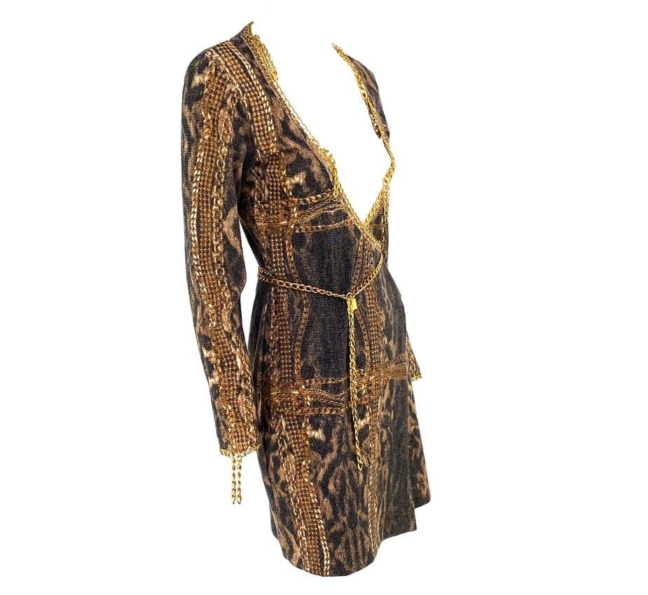 F/W 2003 Roberto Cavalli Gold Chain Lock Belt Animal Print Knit Wrap Dress - RealList
