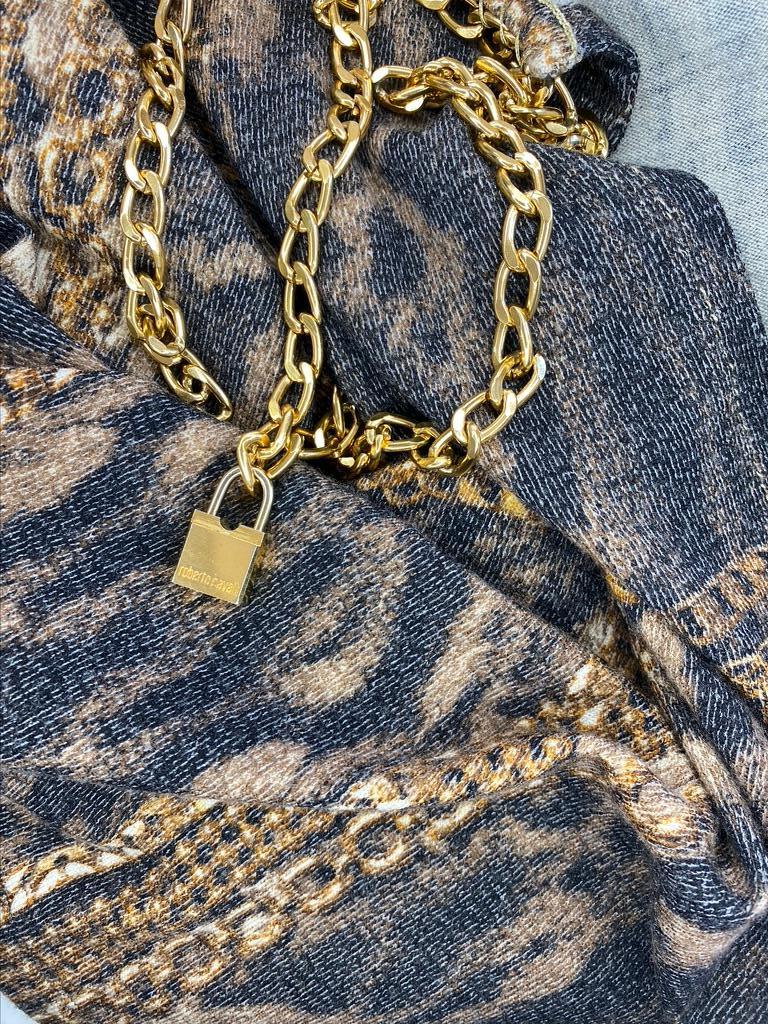 F/W 2003 Roberto Cavalli Gold Chain Lock Belt Animal Print Knit Wrap Dress - RealList
