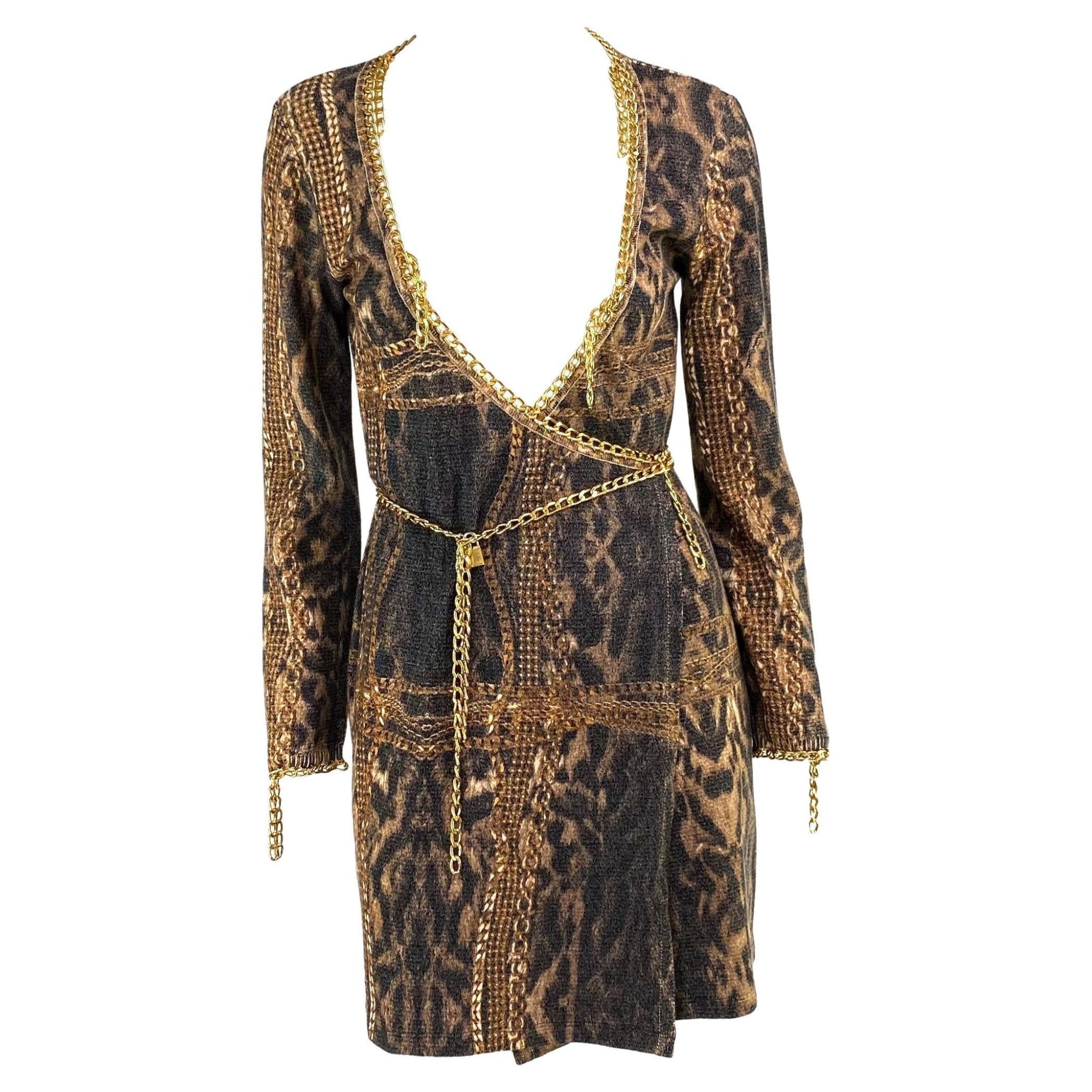F/W 2003 Roberto Cavalli Gold Chain Lock Belt Animal Print Knit Wrap Dress - RealList