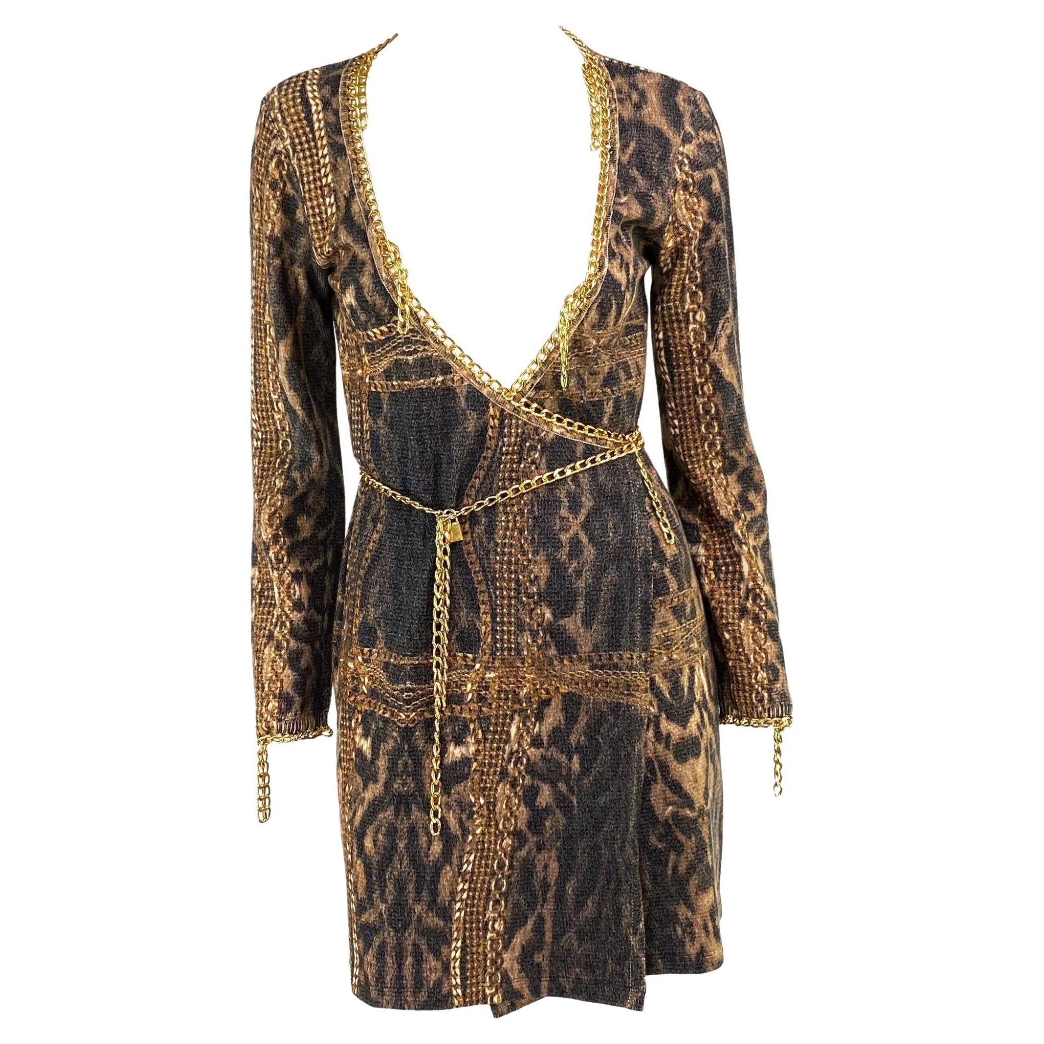 F/W 2003 Roberto Cavalli Gold Chain Lock Belt Animal Print Knit Wrap Dress - RealList