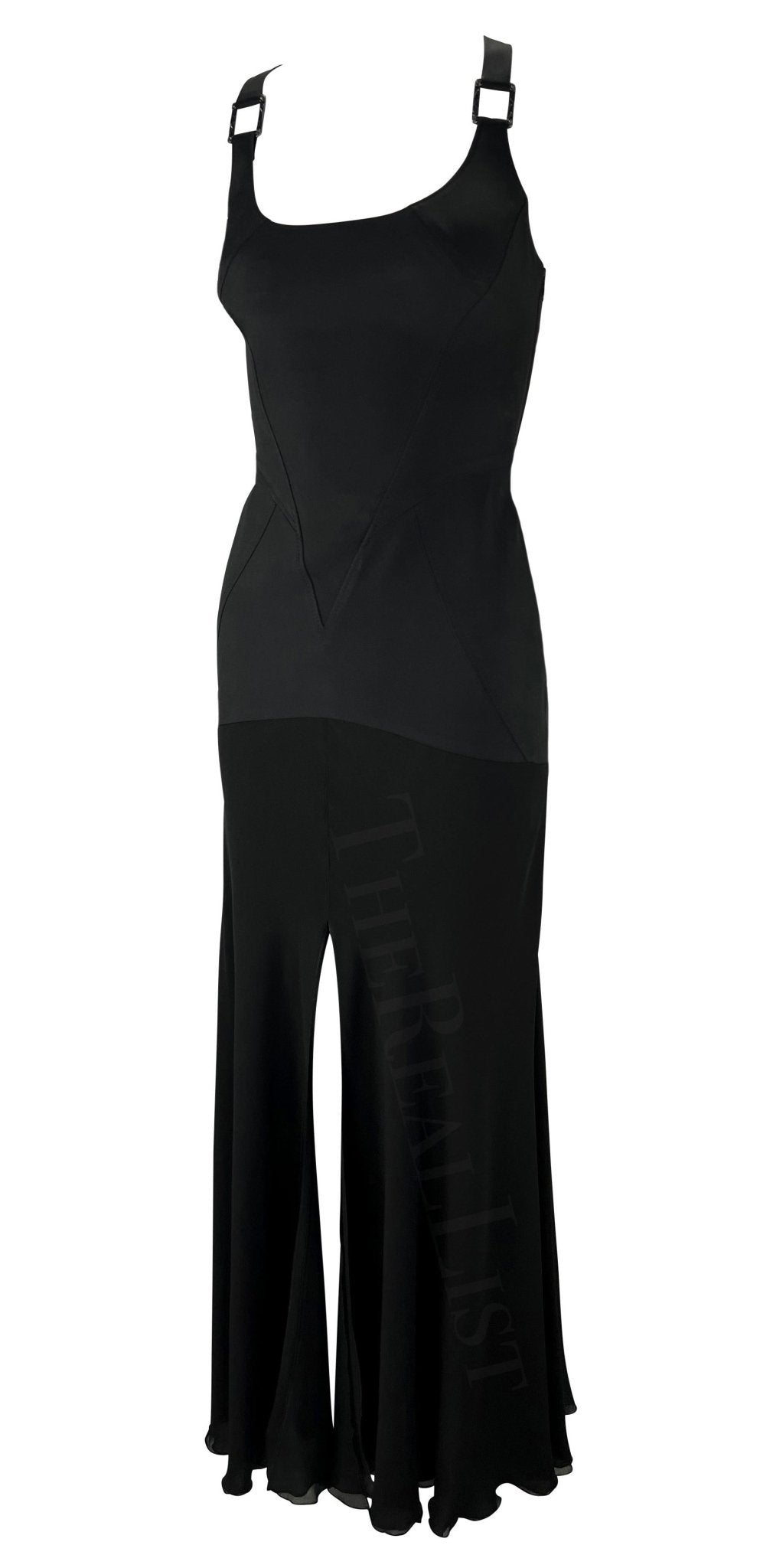 F/W 2003 Versace by Donatella Black Buckle Flare Slit Maxi Dress - RealList