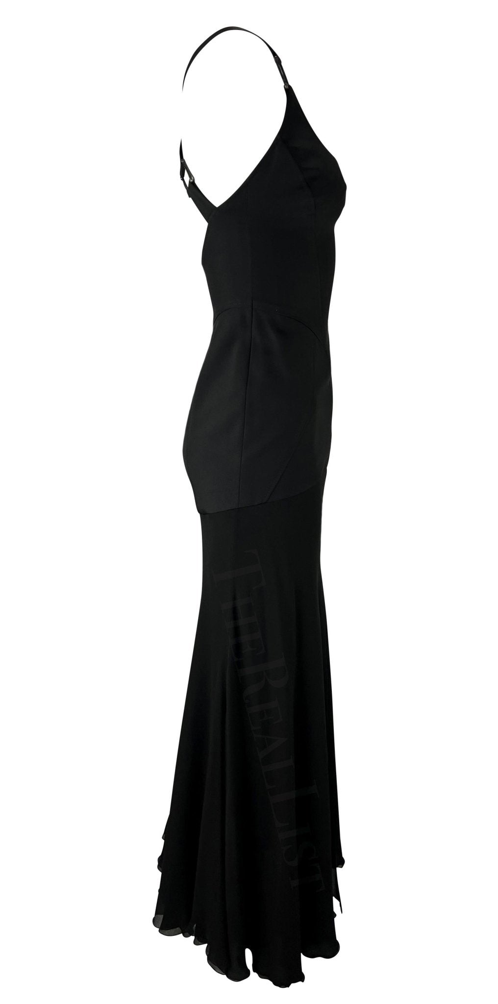 F/W 2003 Versace by Donatella Black Buckle Flare Slit Maxi Dress - RealList