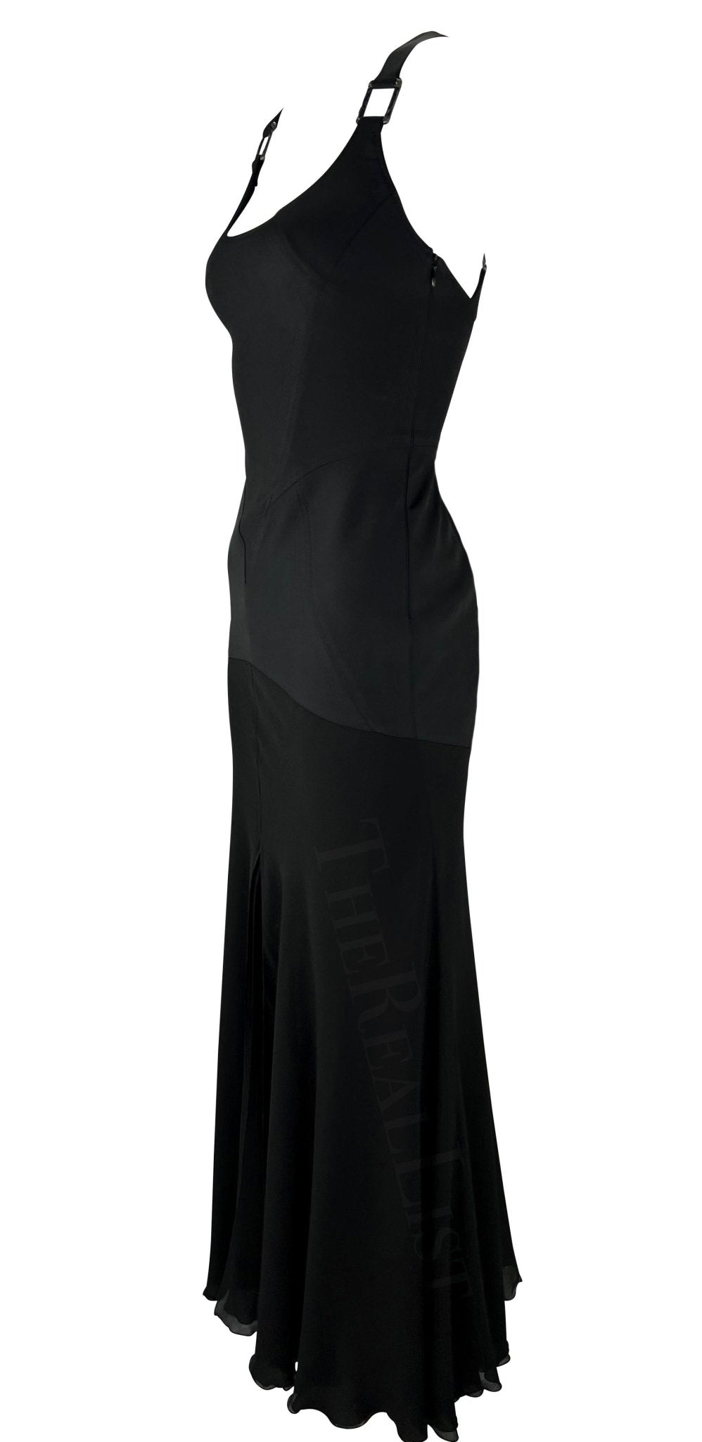 F/W 2003 Versace by Donatella Black Buckle Flare Slit Maxi Dress - RealList