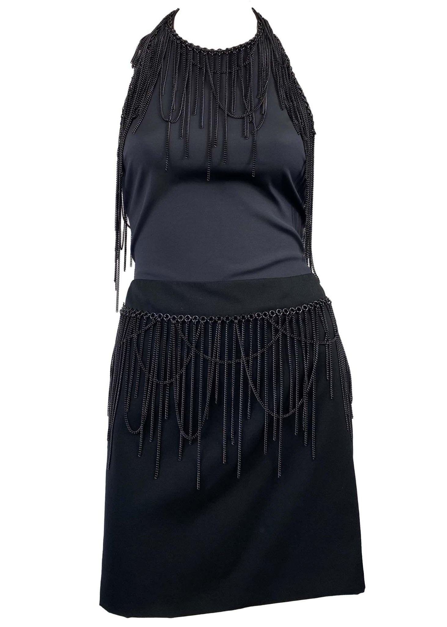 F/W 2003 Versace by Donatella Black Halter Tank Top Fringe Chain Skirt Set - RealList