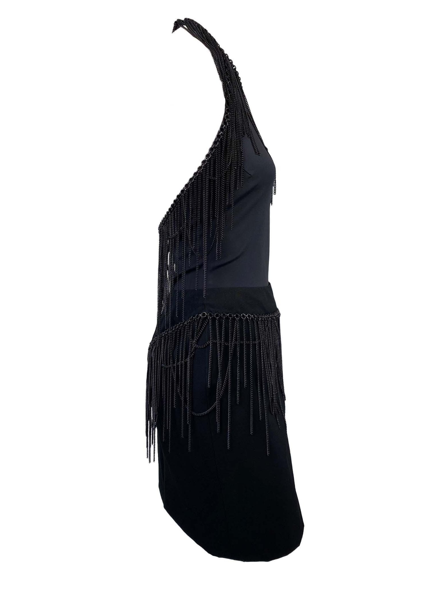 F/W 2003 Versace by Donatella Black Halter Tank Top Fringe Chain Skirt Set - RealList
