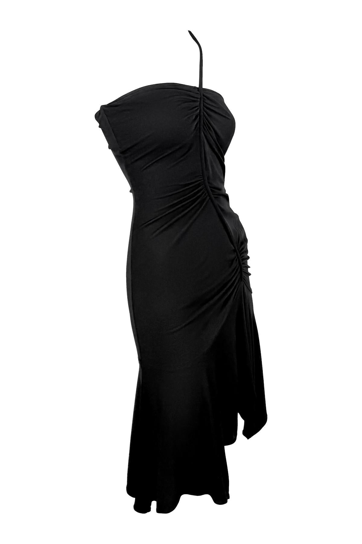 F/W 2003 Versace by Donatella Black Ruched Asymmetric Flare Bodycon Dress - RealList