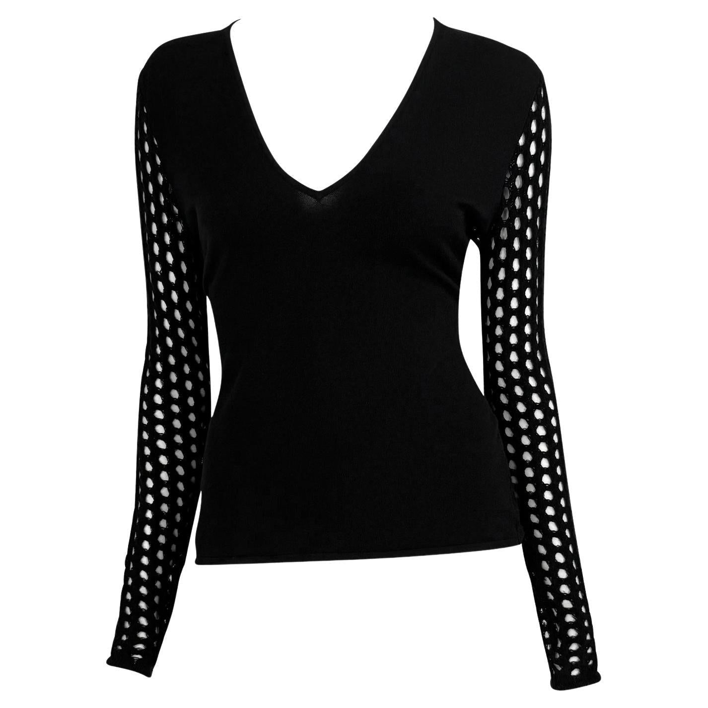 F/W 2003 Versace by Donatella Knit Black Fishnet V - Neck Sheer Sweater Top - RealList