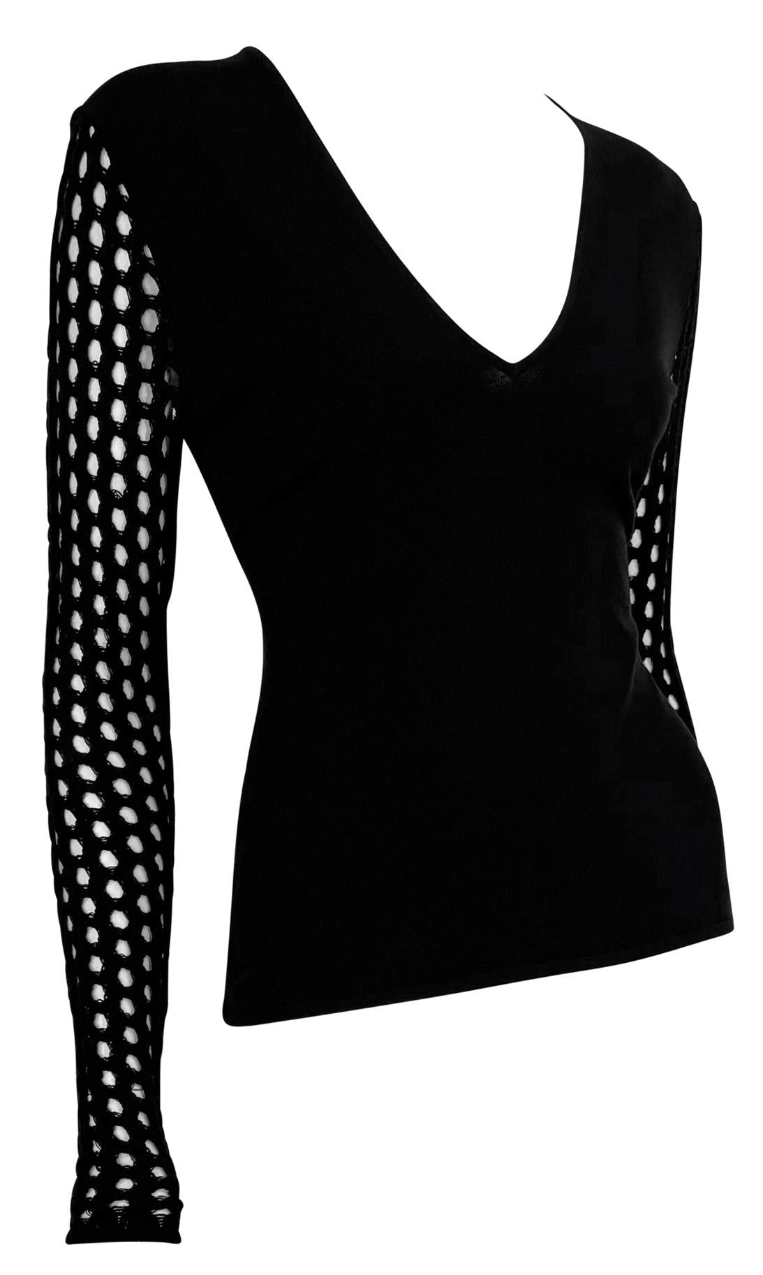 F/W 2003 Versace by Donatella Knit Black Fishnet V - Neck Sheer Sweater Top - RealList