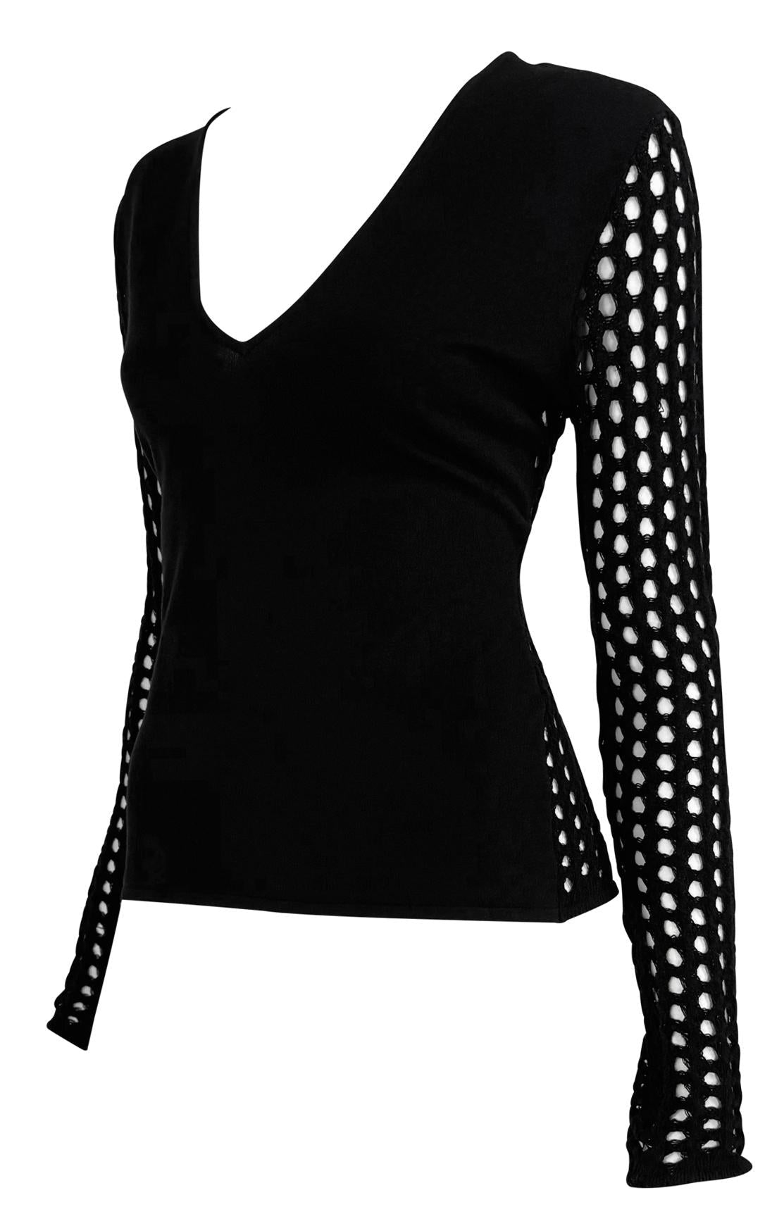 F/W 2003 Versace by Donatella Knit Black Fishnet V - Neck Sheer Sweater Top - RealList
