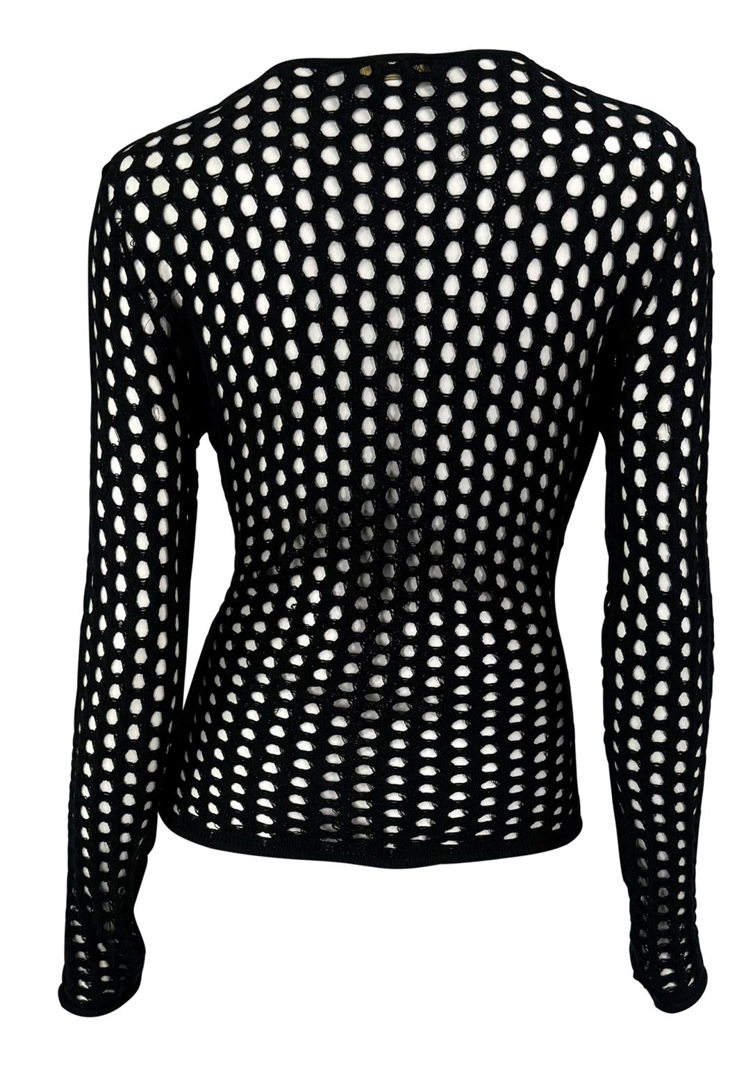 F/W 2003 Versace by Donatella Knit Black Fishnet V - Neck Sheer Sweater Top - RealList