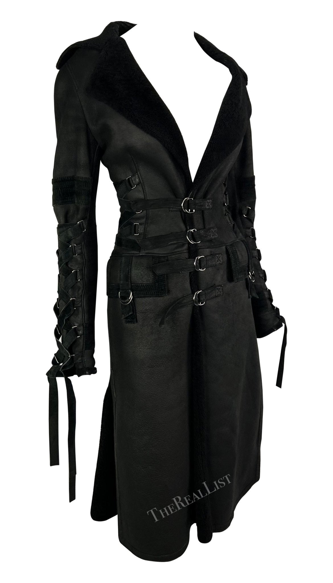 F/W 2003 Versace by Donatella Runway Black Shearling Lace up Trench Coat - RealList