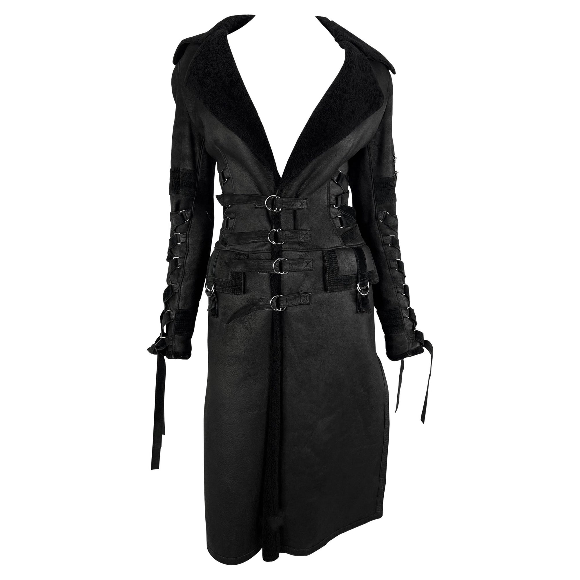 F/W 2003 Versace by Donatella Runway Black Shearling Lace up Trench Coat - RealList