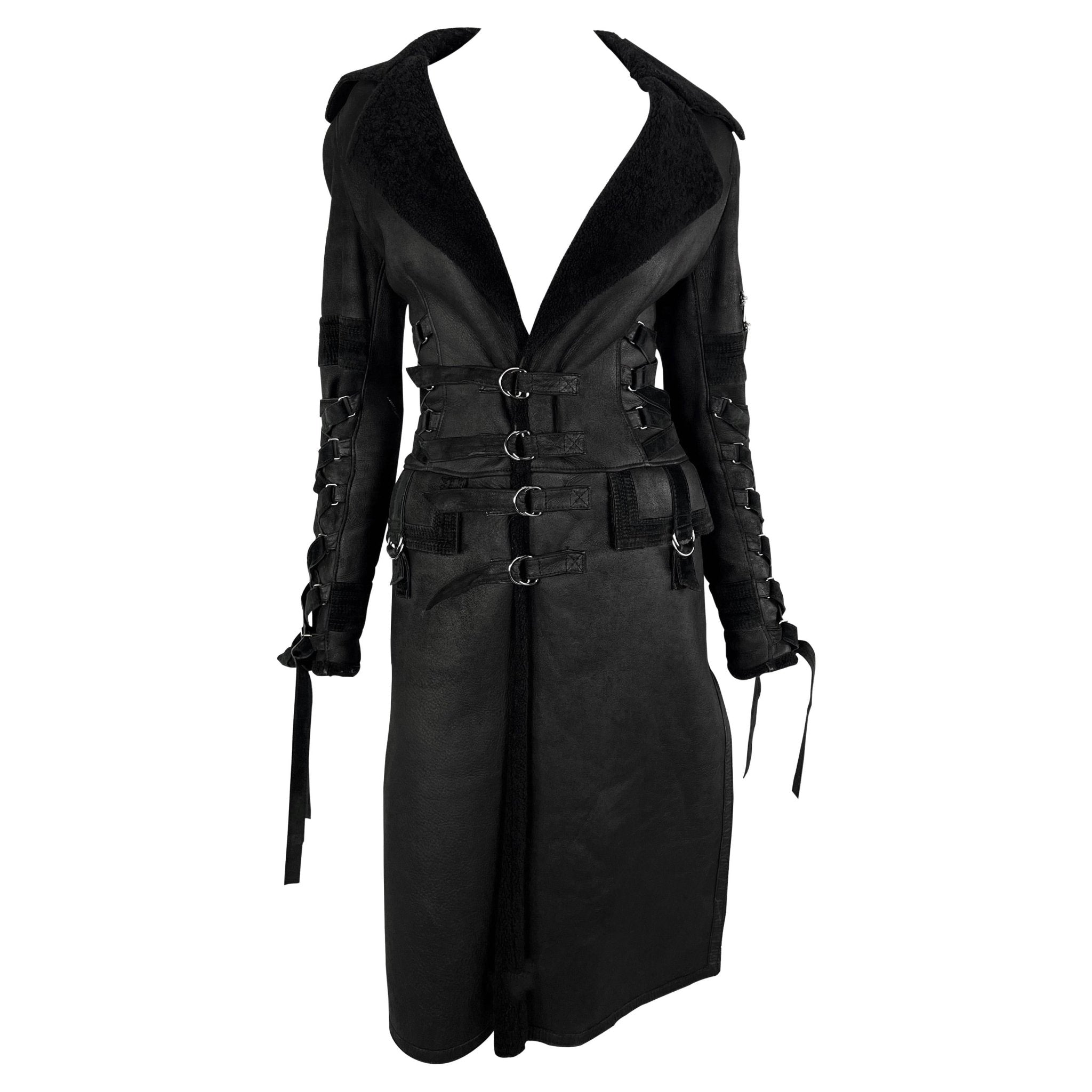 F/W 2003 Versace by Donatella Runway Black Shearling Lace up Trench Coat - RealList
