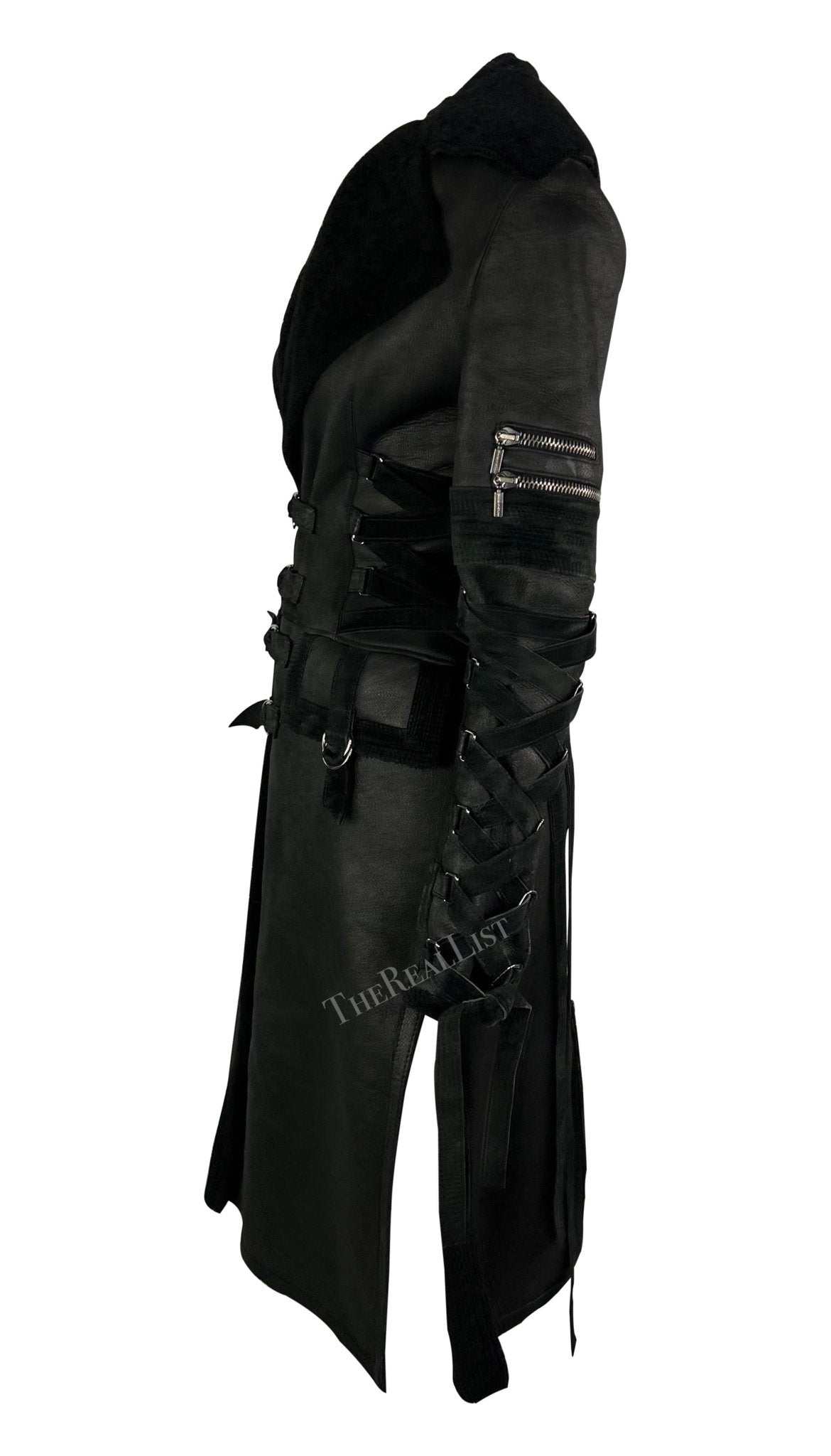 F/W 2003 Versace by Donatella Runway Black Shearling Lace up Trench Coat - RealList