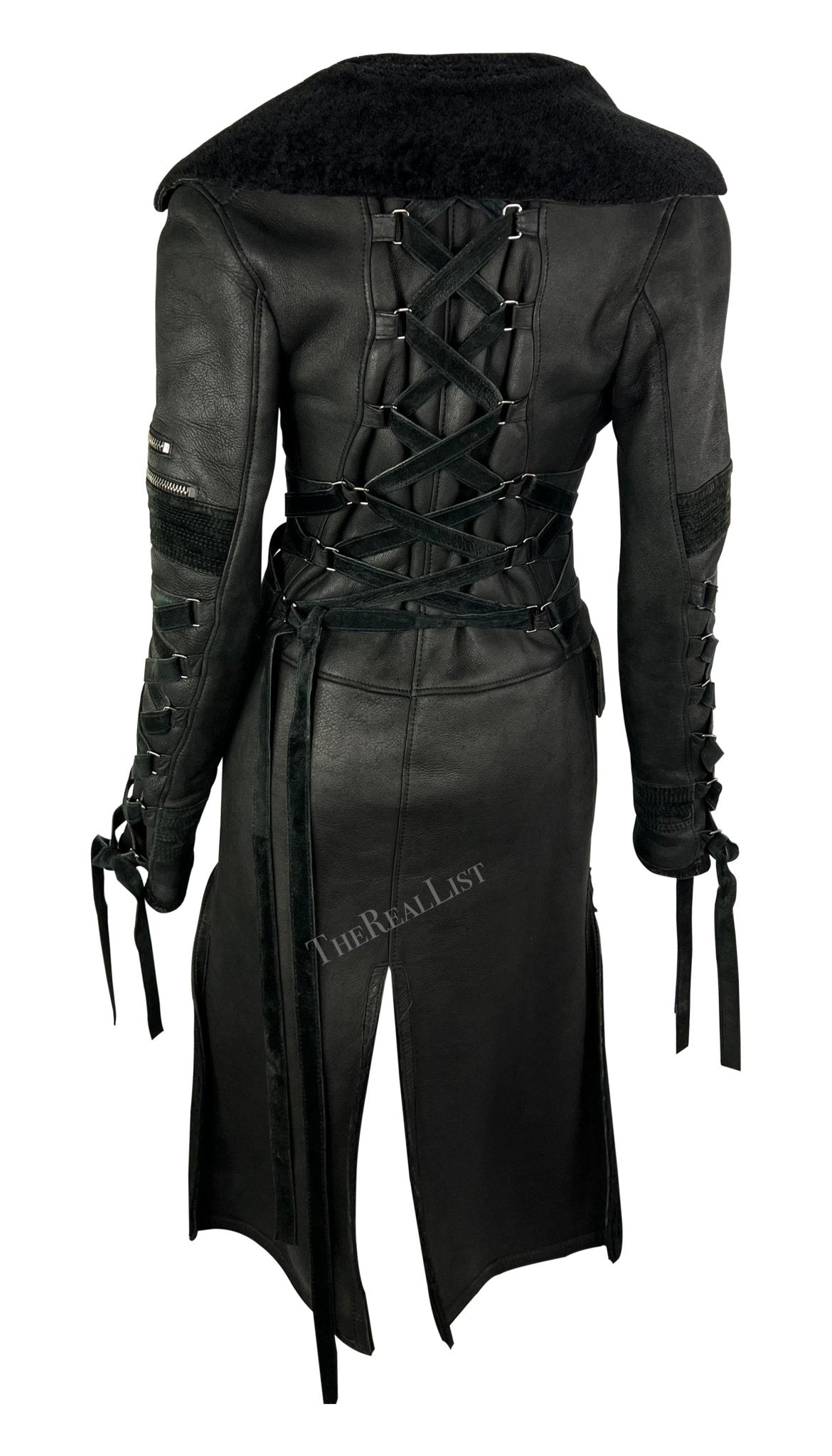 F/W 2003 Versace by Donatella Runway Black Shearling Lace up Trench Coat - RealList