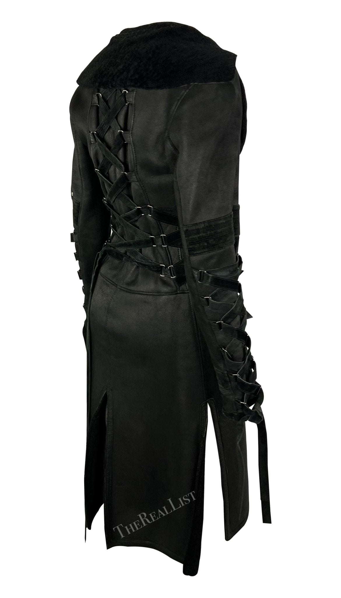 F/W 2003 Versace by Donatella Runway Black Shearling Lace up Trench Coat - RealList