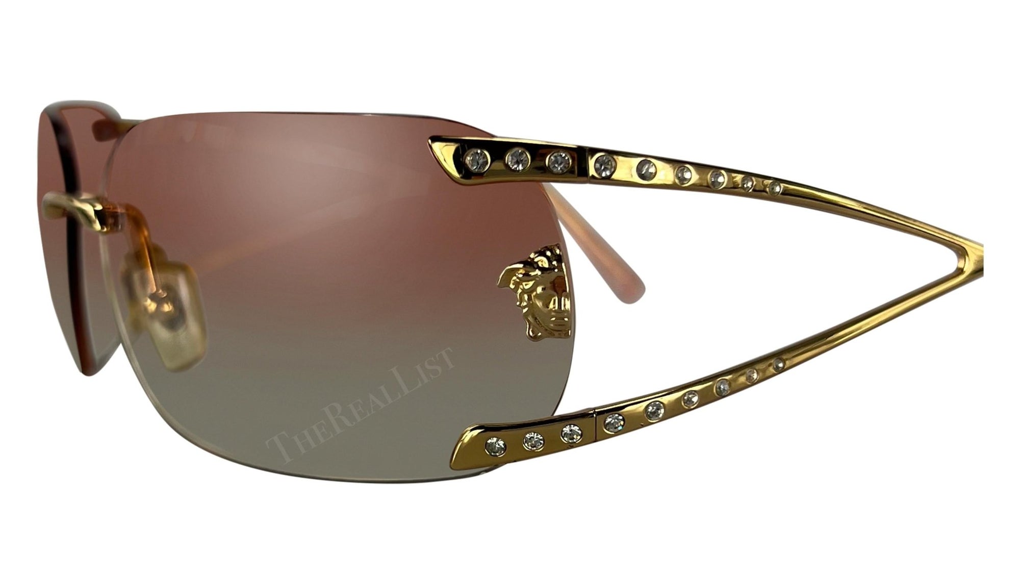 F/W 2003 Versace by Donatella Runway Pink Gold Rhinestone Rimless Sunglasses - RealList