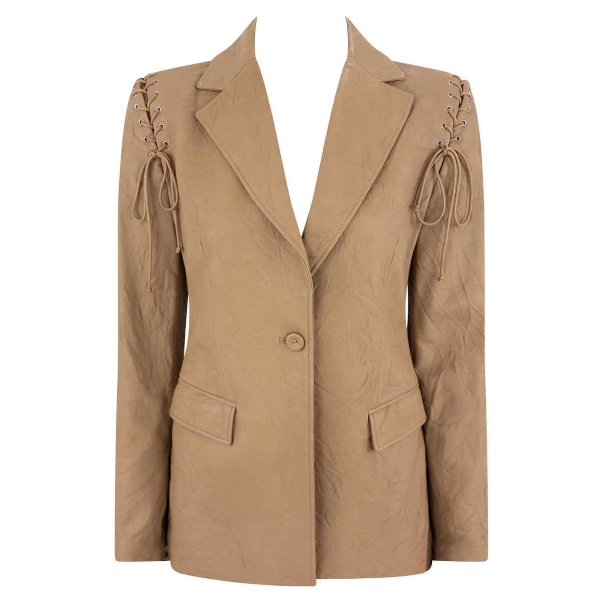 F/W 2003 Versace by Donatella Wrinkled Light Brown Leather Lace - Up Blazer Jacket - RealList