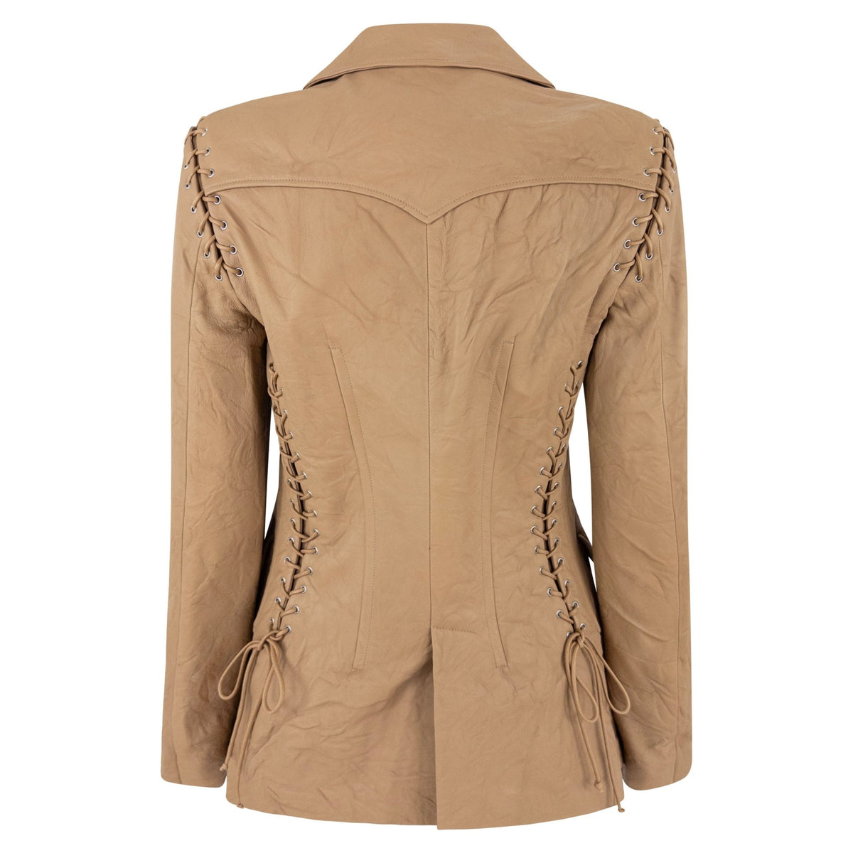 F/W 2003 Versace by Donatella Wrinkled Light Brown Leather Lace - Up Blazer Jacket - RealList