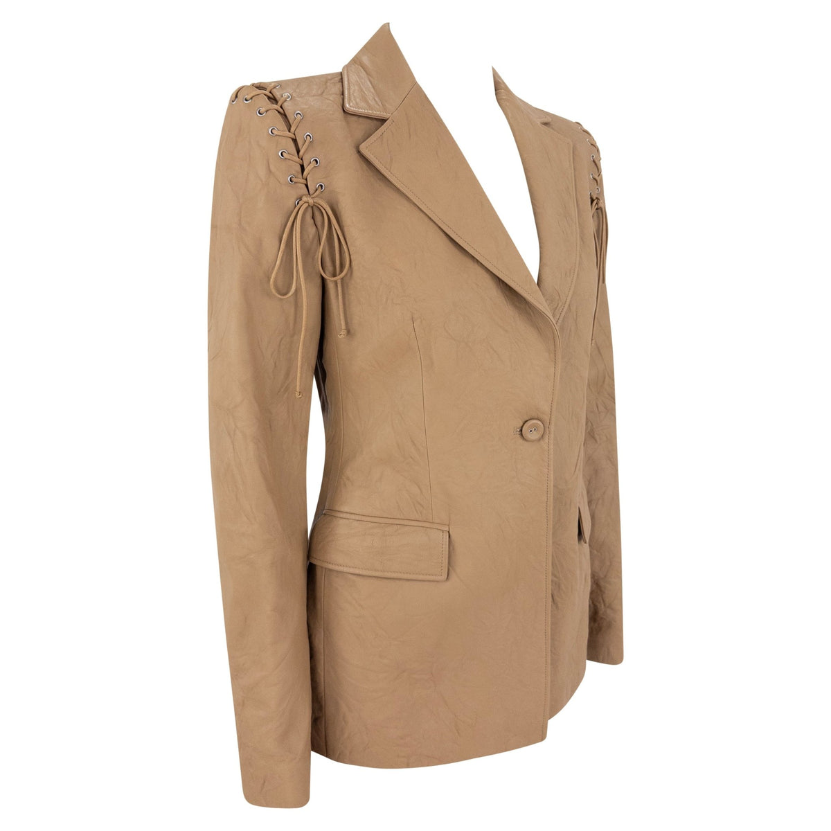 F/W 2003 Versace by Donatella Wrinkled Light Brown Leather Lace - Up Blazer Jacket - RealList
