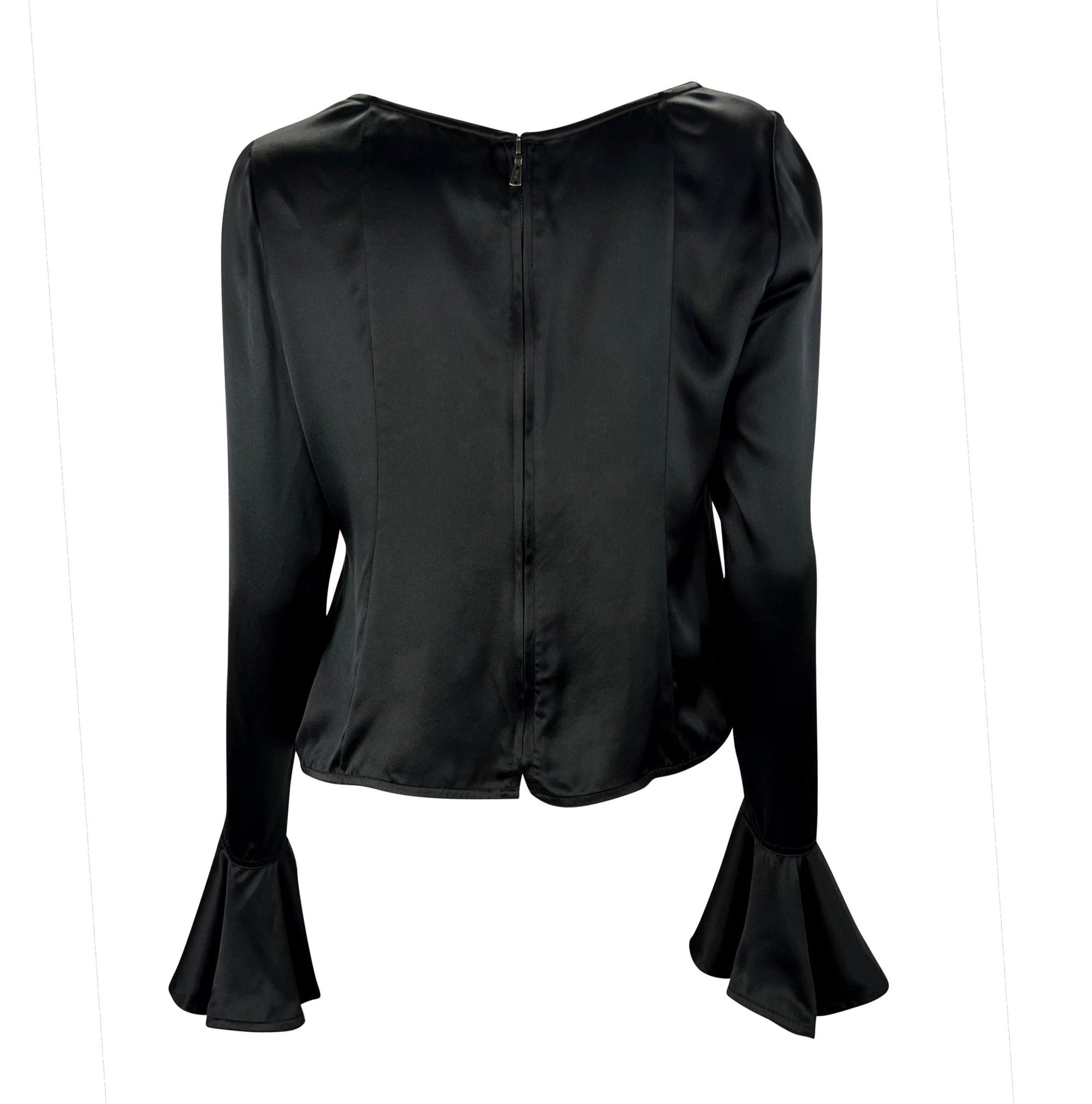 F/W 2003 Yves Saint Laurent by Tom Ford Black Silk Satin Bell Cuff Scoop Blouse - RealList
